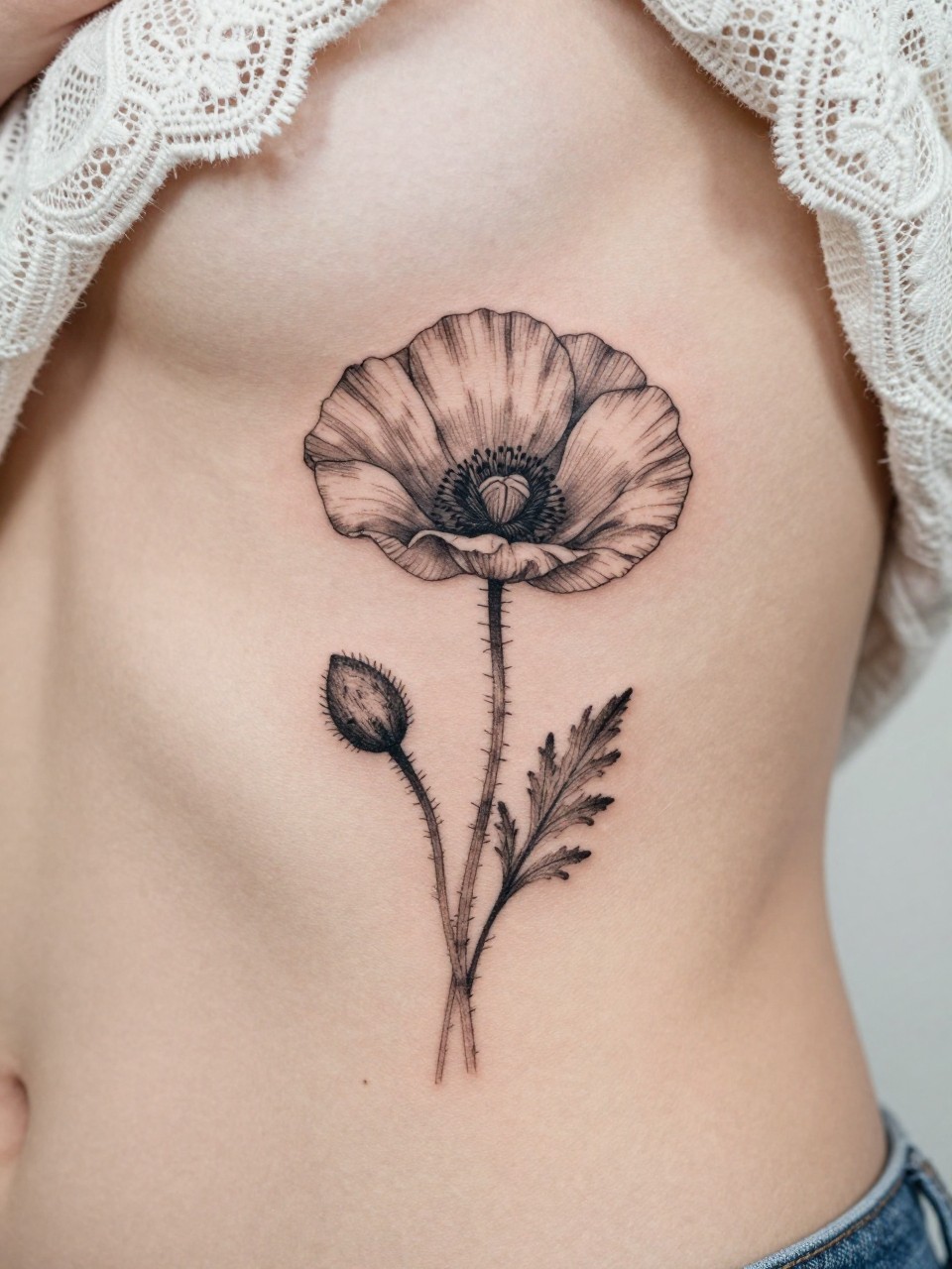 Image Prompt: "Design-focused close-up of a single poppy stem tattoo on the ribcage, black ink fine line floral design with delicate petals and light grey shading, realistic skin texture, lace fabric edge softly visible, feminine modern tattoo photo, minimal background, close-up tattoo visibility, tattoo dominates the frame (no watermarks on images)"