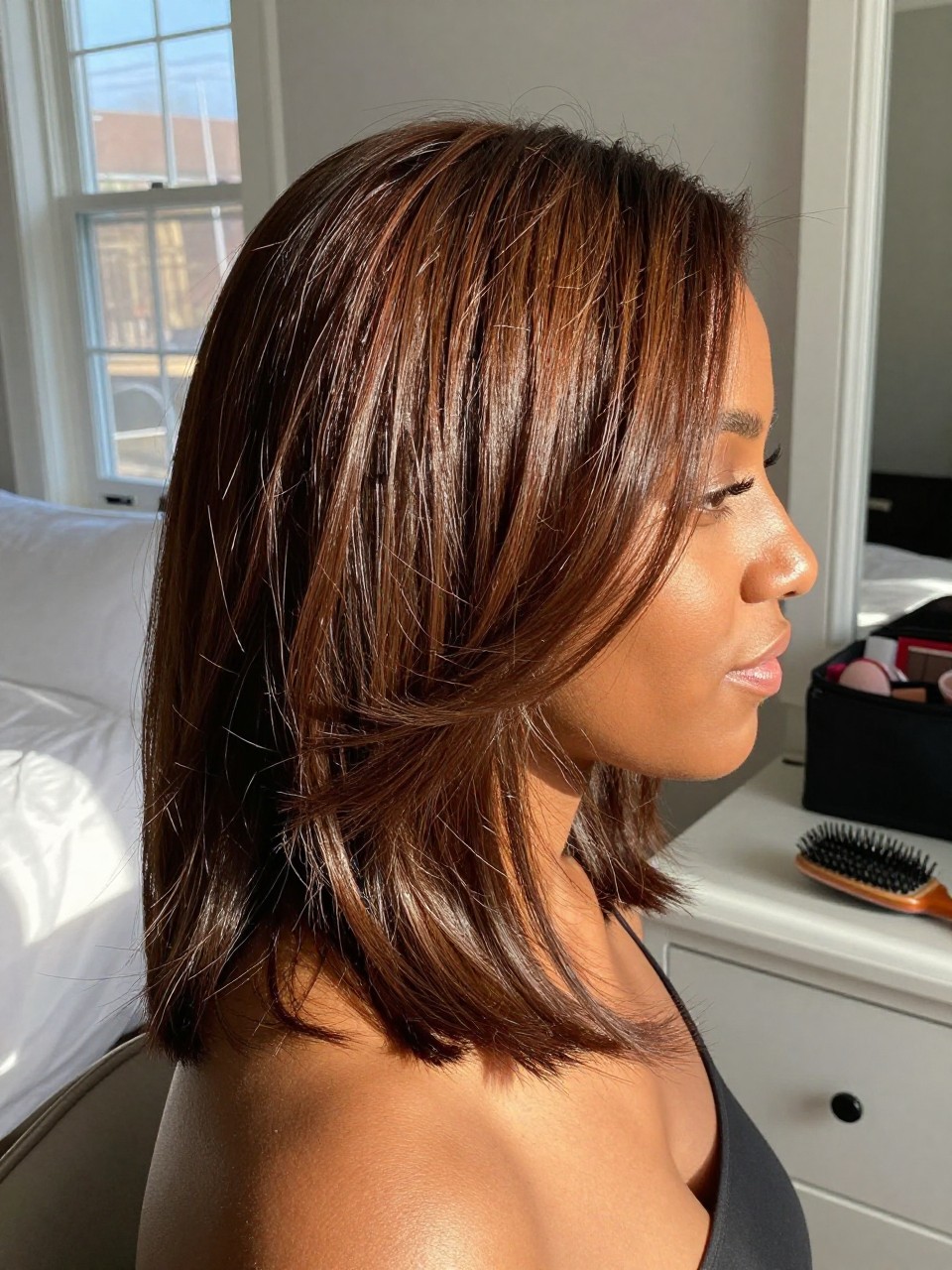 Photo of a brown woman wearing mahogany brunette hair with soft face-framing layers, side profile view, sun-drenched bedroom setting, natural window light, with a blowout brush on the dresser and a makeup bag nearby, latest iPhone photo quality.