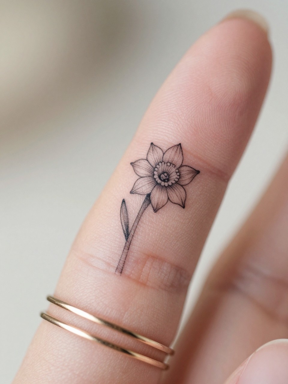 Image Prompt: "Macro shot of a micro narcissus tattoo on the side of the finger, black ink fine line floral design, tiny stem and petals, minimalist micro tattoo style, realistic skin texture, delicate rings, neutral manicure, very tight crop, soft blurred background, feminine tattoo inspiration photo with tattoo as the main focus (no watermarks on images)"