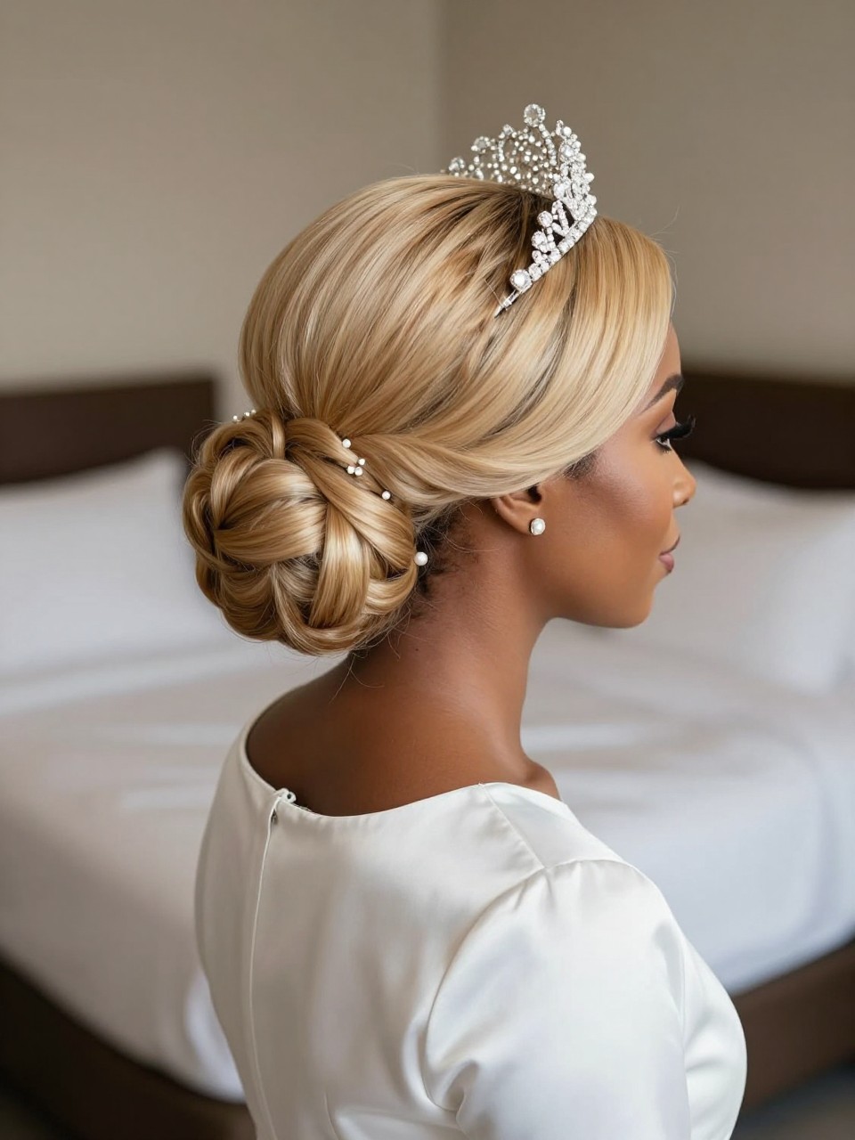 A photorealistic black woman bridal hairstyle from a side-back angle showing an elegant French twist, smooth polished hair tucked neatly, a crystal tiara placed at the crown, champagne blonde hair, pearl studs, satin wedding gown with clean neckline, soft hotel suite background, classic bridal photography, no text, no watermark, no watermarks on images.