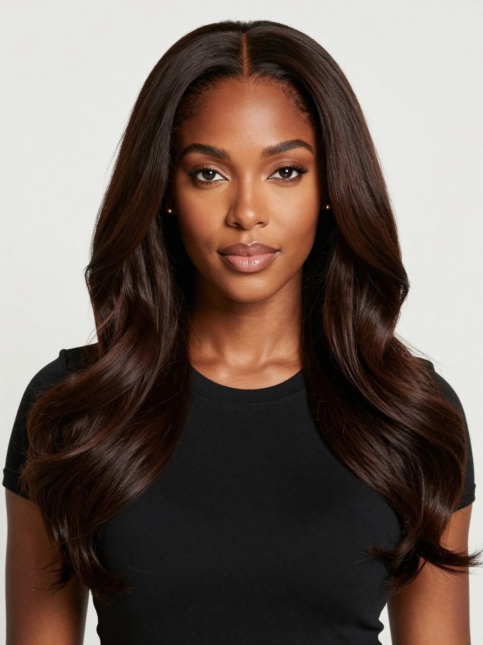 Image Prompt: A beautiful black woman with neutral skin tone and long dark espresso brown hair, deep coffee-brown shade close to black with soft brown shine, center part, sleek loose waves, natural makeup, glossy nude lips, small gold studs, fitted black top, clean modern studio background, soft balanced lighting, realistic DSLR beauty portrait, detailed dark brunette shine and smooth texture, no text, (no watermarks on images)