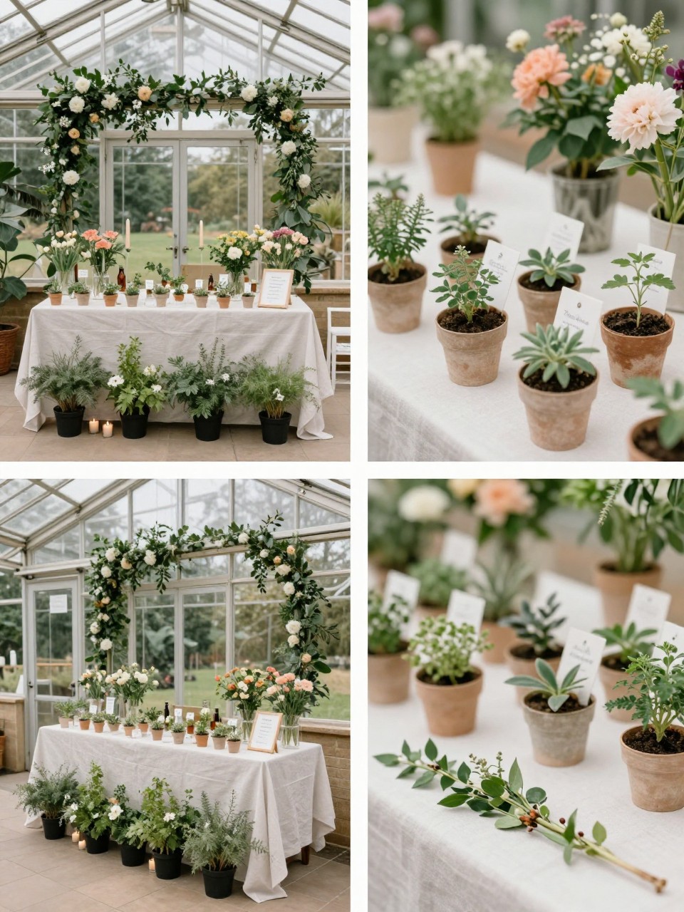 A professional 4-grid wedding decor collage showing a potted herb and flower favors display for a glass greenhouse wedding, top-left image featuring a favor table with small potted herbs and flowers arranged neatly with candles and signage inside a greenhouse, top-right image showing close-up mini herb pots with tags and soft floral styling, bottom-left image showing the full display near the exit or reception area, bottom-right image showing matching botanical details with greenery and simple linen, lovely wedding favor decor, no people, no faces, no watermarks on images.