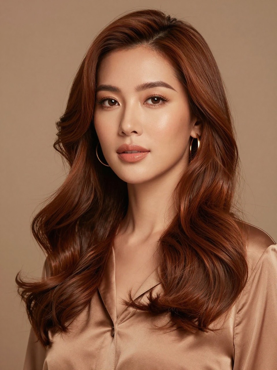 Image Prompt: A beautiful Asian woman with tan skin and long cinnamon brown hair, warm brown shade with soft copper-red undertones, glossy loose waves, peach-toned makeup, glossy nude lips, gold hoop earrings, tan satin blouse, warm indoor studio setting, soft diffused lighting, realistic DSLR editorial portrait, detailed cinnamon brunette shine and movement, no text, (no watermarks on images)