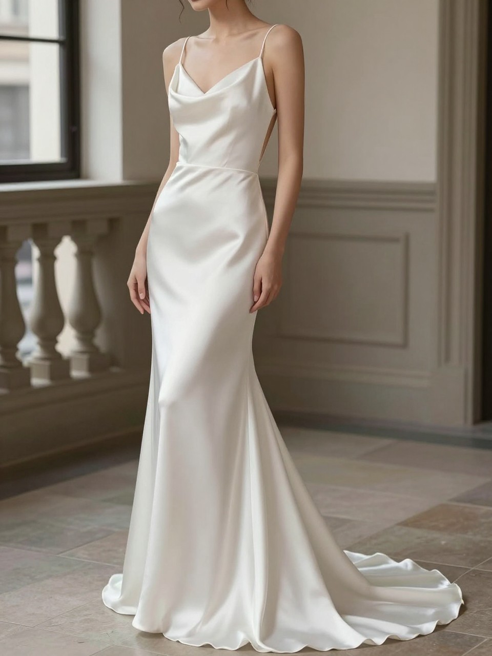 Image Prompt: A high-end bridal editorial photo of a silk slip wedding dress with a low open back, photographed in a luxury bridal studio or elegant city wedding venue. Show the bride from the neck down only, or from a rear three-quarter angle so the face is fully hidden. The gown has a fluid silk slip silhouette, delicate straps, a softly draped low back, and a light train. Use soft natural light, realistic silk sheen, polished bridal magazine styling, graceful posture, no visible face, no text, no watermark. (no watermarks on images)