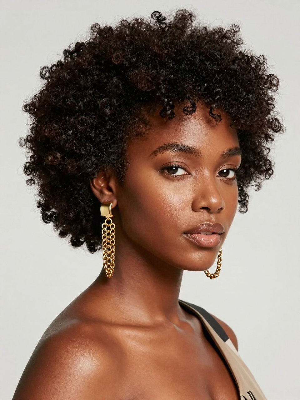 A realistic beauty portrait of a black woman with a high curly puff, defined natural texture, sleek sides, gold statement earrings with chain details attached into the hair near the side, glowing skin, bold yet elegant makeup, stylish outfit, clean editorial backdrop, high-quality fashion photography, no text, no watermark, no watermarks on images.