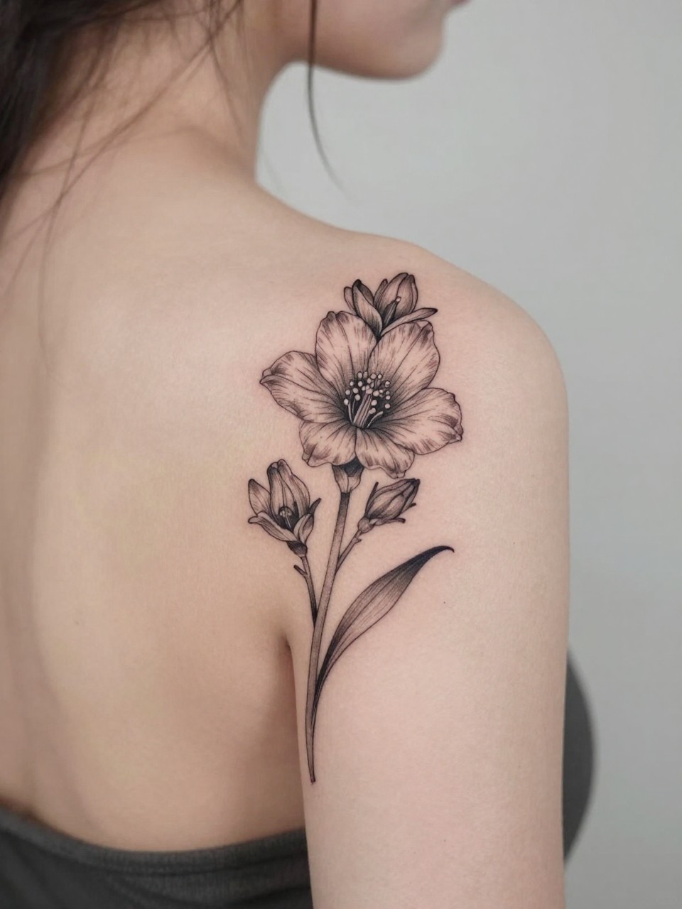 Image Prompt: "Design-focused close-up of a blooming larkspur tattoo on the shoulder blade, black ink fine line floral style with soft grey shading, elegant stem and layered petals, realistic skin texture, hair loosely pinned up, clean feminine styling, soft minimal background, tattoo fills most of the frame (no watermarks on images)"