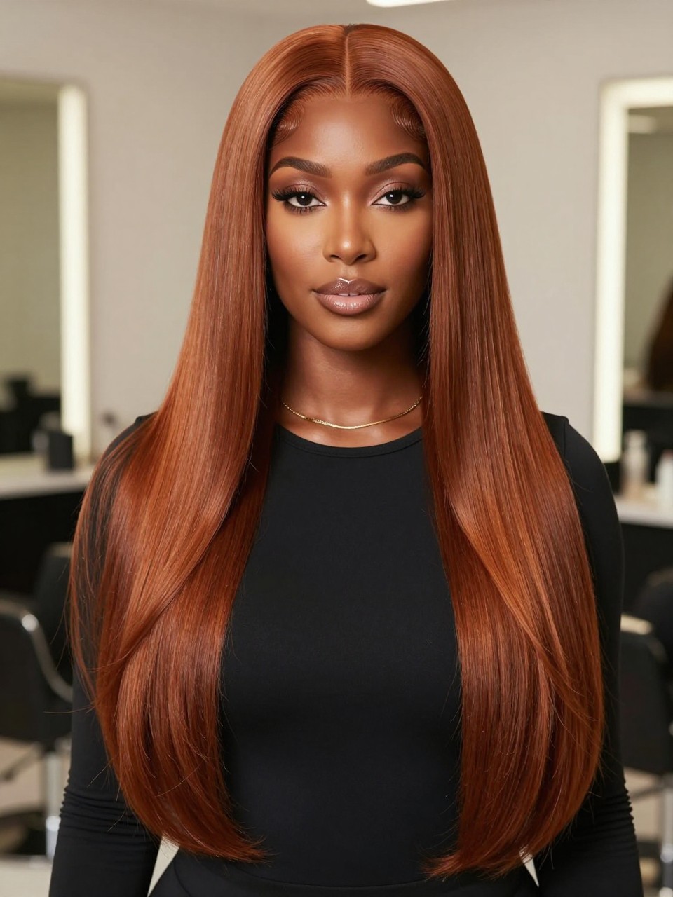 Image Prompt: A stunning Black woman with a long sleek silk press dyed cinnamon copper, center part, smooth glossy straight hair, soft movement at the ends, warm deep brown skin, clean soft glam makeup, gold necklace, fitted black top, luxury salon-inspired background, soft even lighting, waist-up editorial beauty photo, realistic DSLR quality, crisp shine and color detail, no text, (no watermarks on images)
