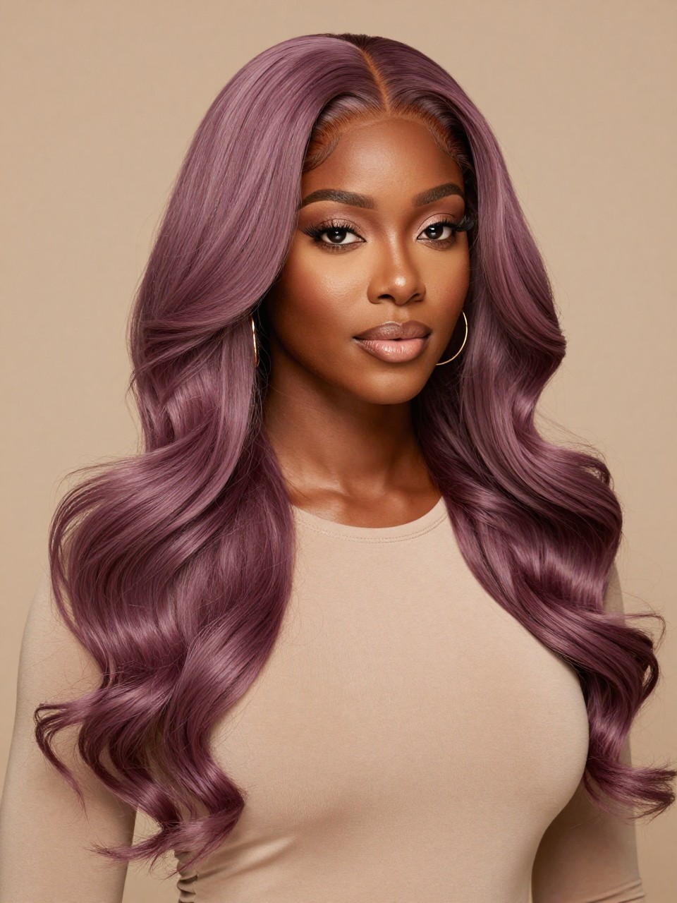 Image Prompt: A beautiful Black woman wearing a long soft mauve plum wig, layered loose waves, muted purple-plum hair color with a slightly dusty finish, natural-looking hairline, deep brown skin, smooth soft glam makeup, gold earrings, fitted beige top, luxury beauty studio setting, soft warm lighting, realistic editorial portrait, detailed wave texture and soft plum tone, no text, (no watermarks on images)