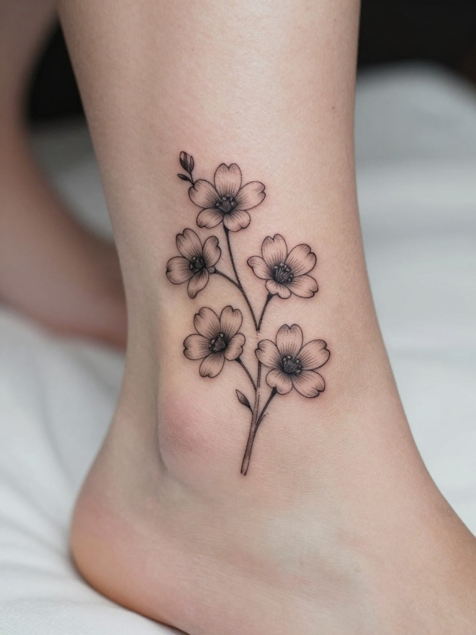 Image Prompt: "Macro shot of a minimalist dogwood tattoo on the ankle, black ink fine line floral design with tiny rounded petals and very subtle shading, realistic skin texture, neutral pedicure, soft bedding in the background, design-first composition, modern feminine tattoo inspiration photo, tattoo clearly in focus (no watermarks on images)"