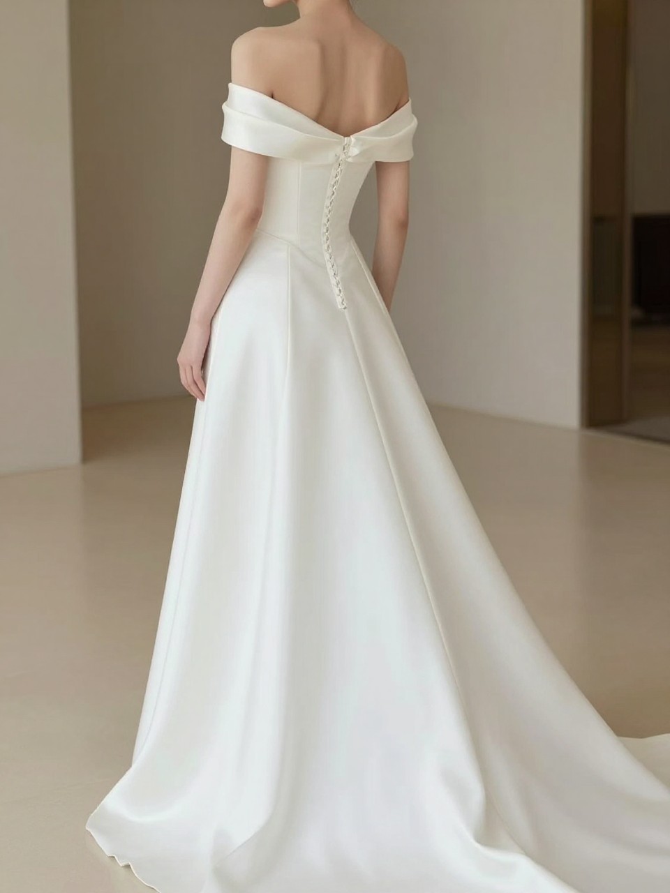 Image Prompt: A professional bridal editorial photo of an off-shoulder drop waist corset wedding dress in a grand indoor venue or luxury bridal studio. Show the bride from the shoulders down only, or from a back-facing angle so the face is fully hidden. The gown has a structured corset bodice, soft off-shoulder neckline, lowered waistline, fitted upper body, and a flowing skirt with a gentle train. Use flattering natural light, realistic fabric texture, refined bridal styling, luxury wedding magazine quality, no visible face, no text, no watermark. (no watermarks on images)
