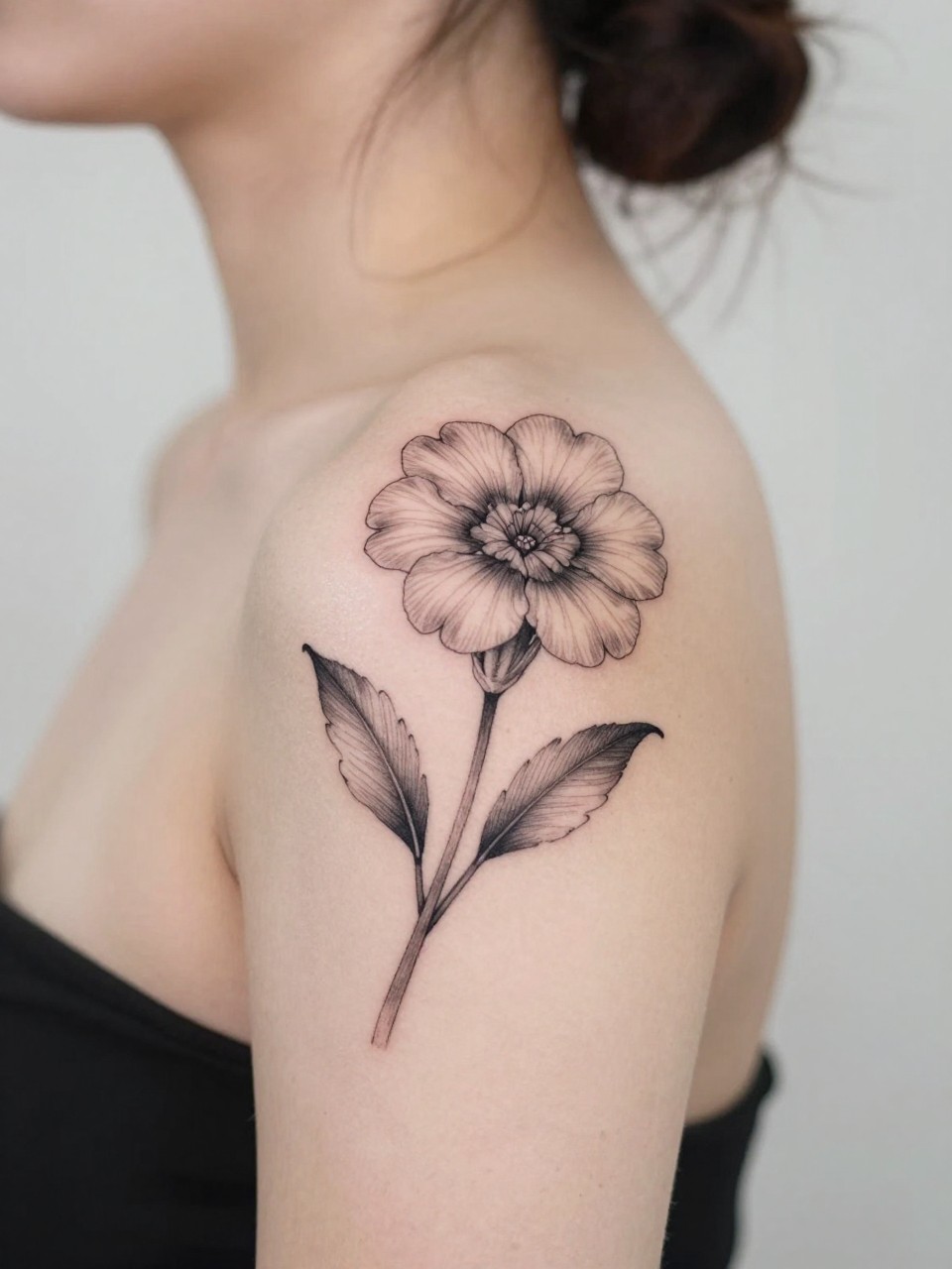 Image Prompt: "Design-focused close-up of a blooming primrose tattoo on the shoulder blade, black ink fine line floral style with soft grey shading, elegant stem and open petals, realistic skin texture, hair loosely pinned up, clean feminine styling, soft minimal background, tattoo fills most of the frame (no watermarks on images)"