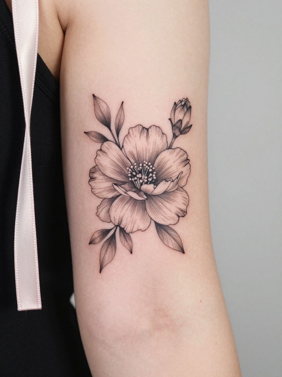 Image Prompt: "Design-focused close-up of an aster tattoo on the inner bicep, black ink fine line floral style, soft layered petals with subtle shading, realistic skin texture, satin ribbon nearby as a subtle feminine detail, tight crop, minimal soft background, modern lifestyle-inspired tattoo image, tattoo is the clear main subject (no watermarks on images)"