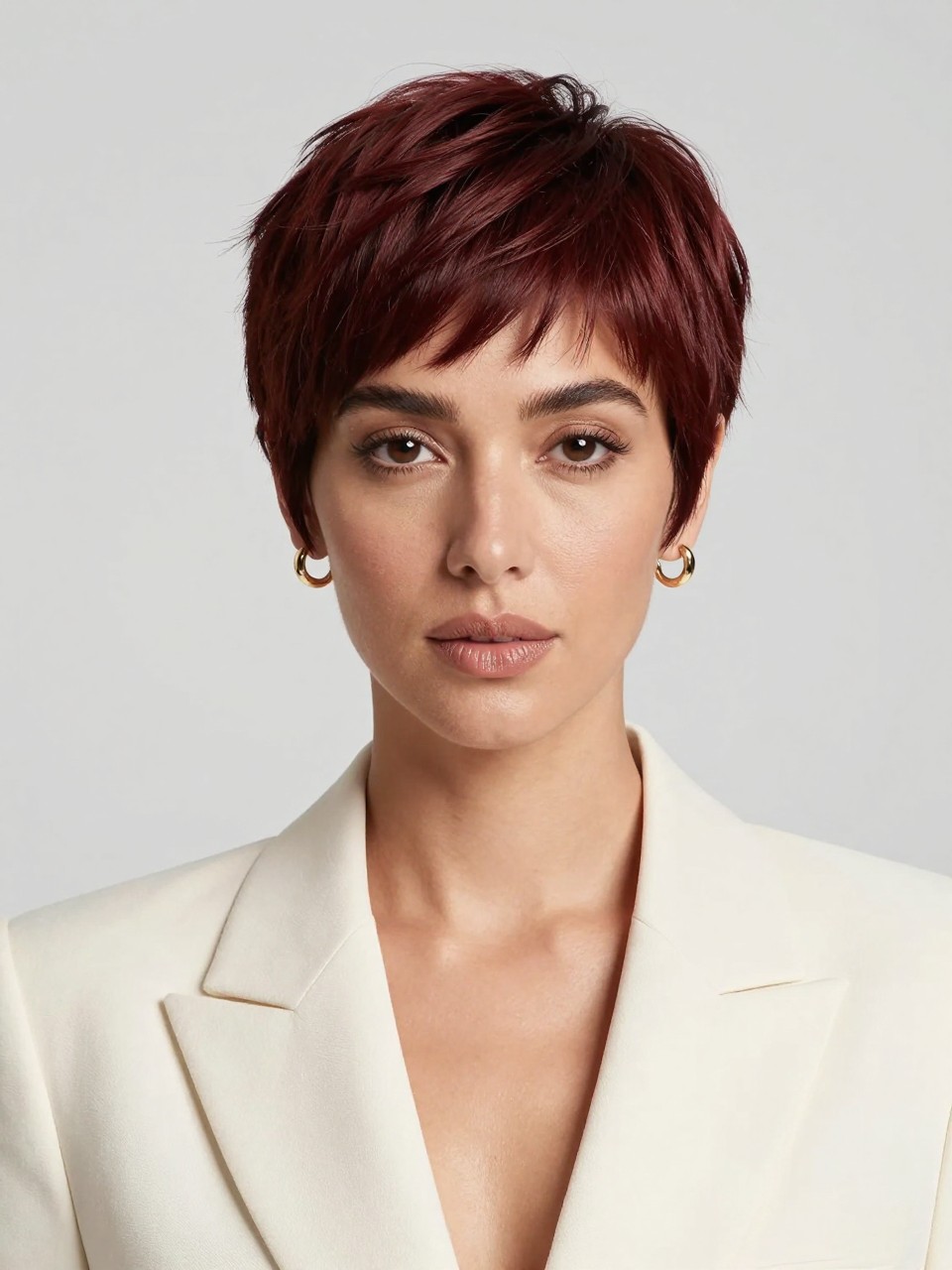 Image Prompt: A chic woman with a short mahogany brown pixie cut, neatly shaped sides, soft swoop at the front, rich red-brown hair color with smooth shine, deep brown skin, defined lashes, glossy nude lip, small gold earrings, tailored cream blazer, clean studio background, sharp beauty editorial photography, realistic DSLR image, no text, (no watermarks on images)