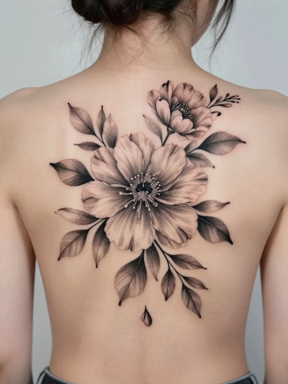 Image Prompt: "Extreme close-up of a full floral back tattoo covering most of the back, black and grey ink with layered flowers, soft smooth shading, fine line leaves, elegant flowing composition, realistic skin texture, hair pinned up, design-focused close-up, modern feminine tattoo inspiration photo, clean soft background, tattoo is the clear main subject (no watermarks on images)"