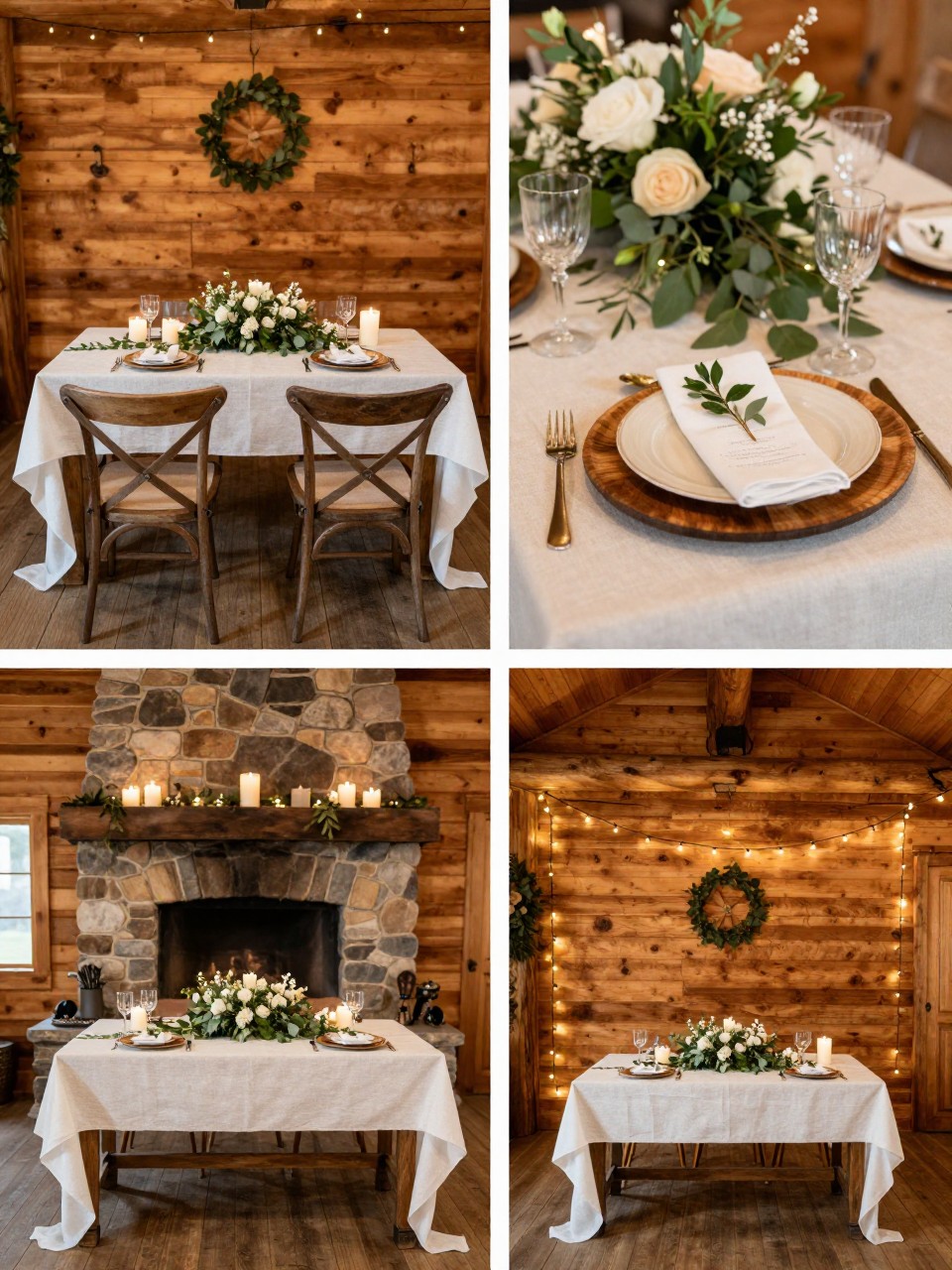 A professional 4-grid wedding decor collage showing a cozy cabin wedding sweetheart table, top-left image featuring a sweetheart table in front of wood walls with candles, greenery, white flowers, and two rustic chairs, top-right image showing close-up table styling with linen, wood chargers, and soft floral details, bottom-left image showing the table near a stone fireplace with warm lighting, bottom-right image showing a wider view of the couple’s table framed by string lights and cabin decor, romantic rustic wedding styling, no people, no faces, no watermarks on images.