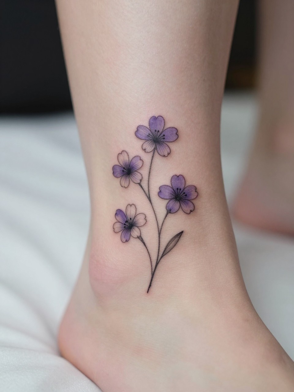 Image Prompt: "Macro shot of a minimalist violet tattoo on the ankle, black ink fine line floral design with tiny rounded petals and very subtle shading, realistic skin texture, neutral pedicure, soft bedding in the background, design-first composition, modern feminine tattoo inspiration photo, tattoo clearly in focus (no watermarks on images)"