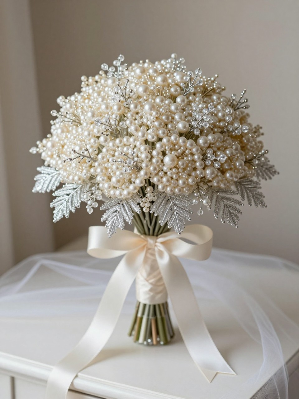 A handmade beaded bridal bouquet with no flowers, made from pearl beads, clear seed beads, silver wire leaves, and tiny glass bead clusters shaped like delicate stems, tied with ivory satin ribbon, displayed on a bridal dressing table with soft veil fabric underneath, no people, no faces, close-up luxury wedding detail photography, realistic DSLR photo, no watermarks on images.