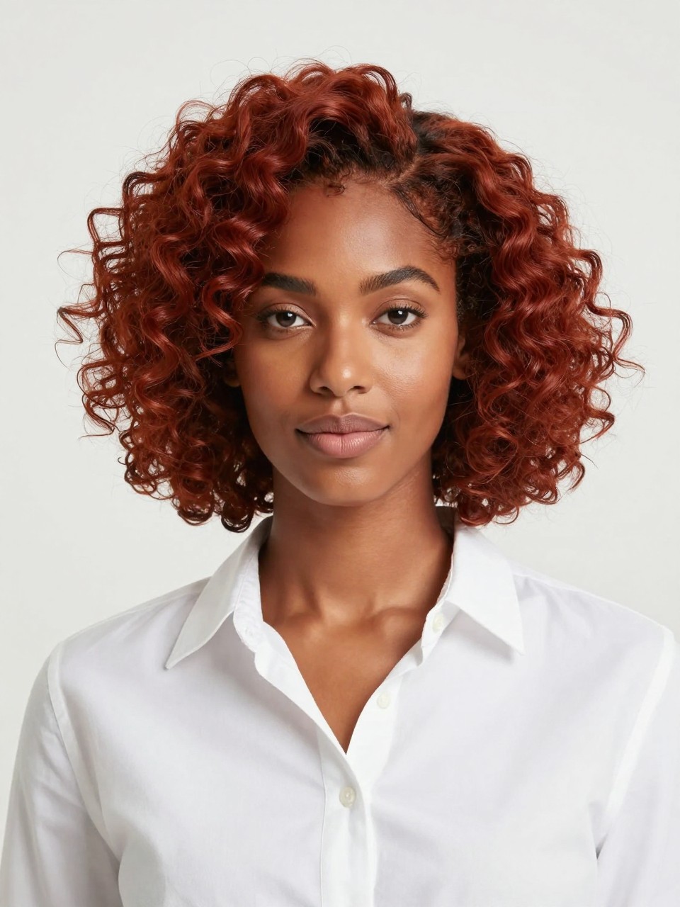Image Prompt: A pretty Black woman with a chin-length curly bob dyed reddish brown, springy defined curls, rounded bob shape, side part, warm red-brown tone with glossy finish, warm brown skin, fresh natural makeup, white button-up shirt, bright clean studio background, soft flattering lighting, realistic beauty editorial photography, crisp curl detail, no text, (no watermarks on images)