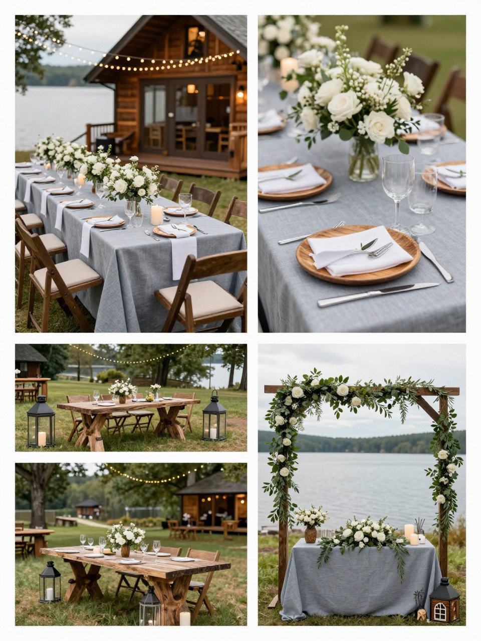 A professional 4-grid wedding decor collage showing a lake cabin wedding reception setup, top-left image featuring outdoor reception tables near a lake cabin with string lights, flowers, and candles, top-right image showing close-up blue-gray linens, wood chargers, and white flowers, bottom-left image showing a lakeside cocktail area with lanterns and rustic tables, bottom-right image showing a cake table with lake view, greenery, and cabin-style decor, romantic outdoor cabin wedding, no faces, no watermarks on images.