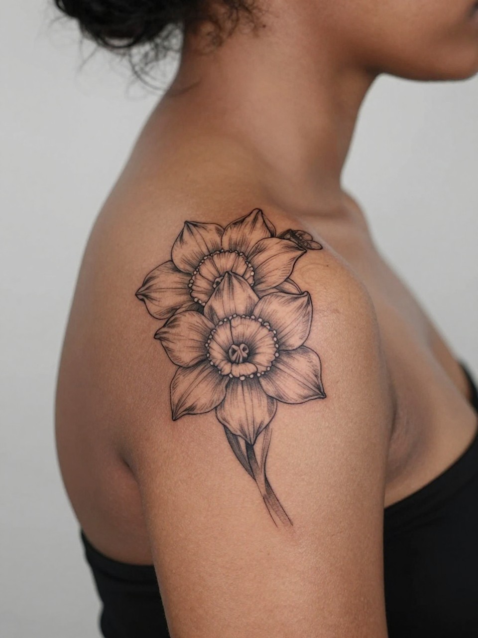 Image Prompt: "Design-focused close-up of a blooming narcissus tattoo on the shoulder blade of black feminine woman, black ink fine line floral style with soft grey shading, full layered petals, realistic skin texture, hair loosely pinned up, clean feminine styling, soft minimal background, tattoo fills most of the frame (no watermarks on images)"