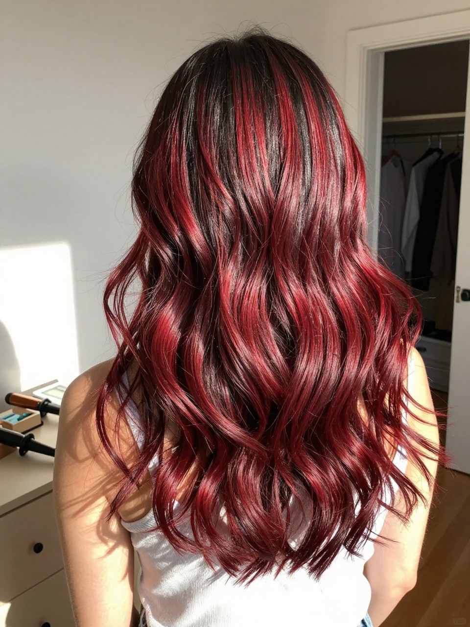 Photo of a woman wearing cherry red balayage with darker roots and red lengths in loose waves, back-of-head view to highlight the blended color, sun-drenched bedroom setting, natural window light, with a curling iron on the dresser and a slightly open closet behind, latest iPhone photo quality.