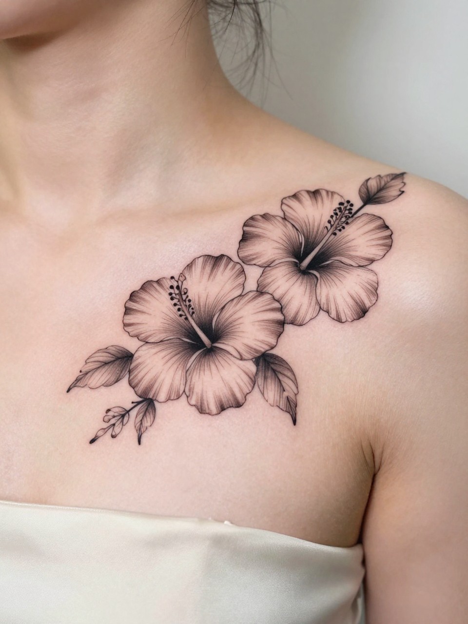 Image Prompt: "Design-focused close-up of two hibiscus flower tattoos along the collarbone, black ink fine line floral design with soft open petals and subtle shading, realistic skin texture, satin blouse neckline barely visible, close-up tattoo visibility, feminine modern tattoo inspiration photo, minimal soft background, tattoo is the clear hero (no watermarks on images)"