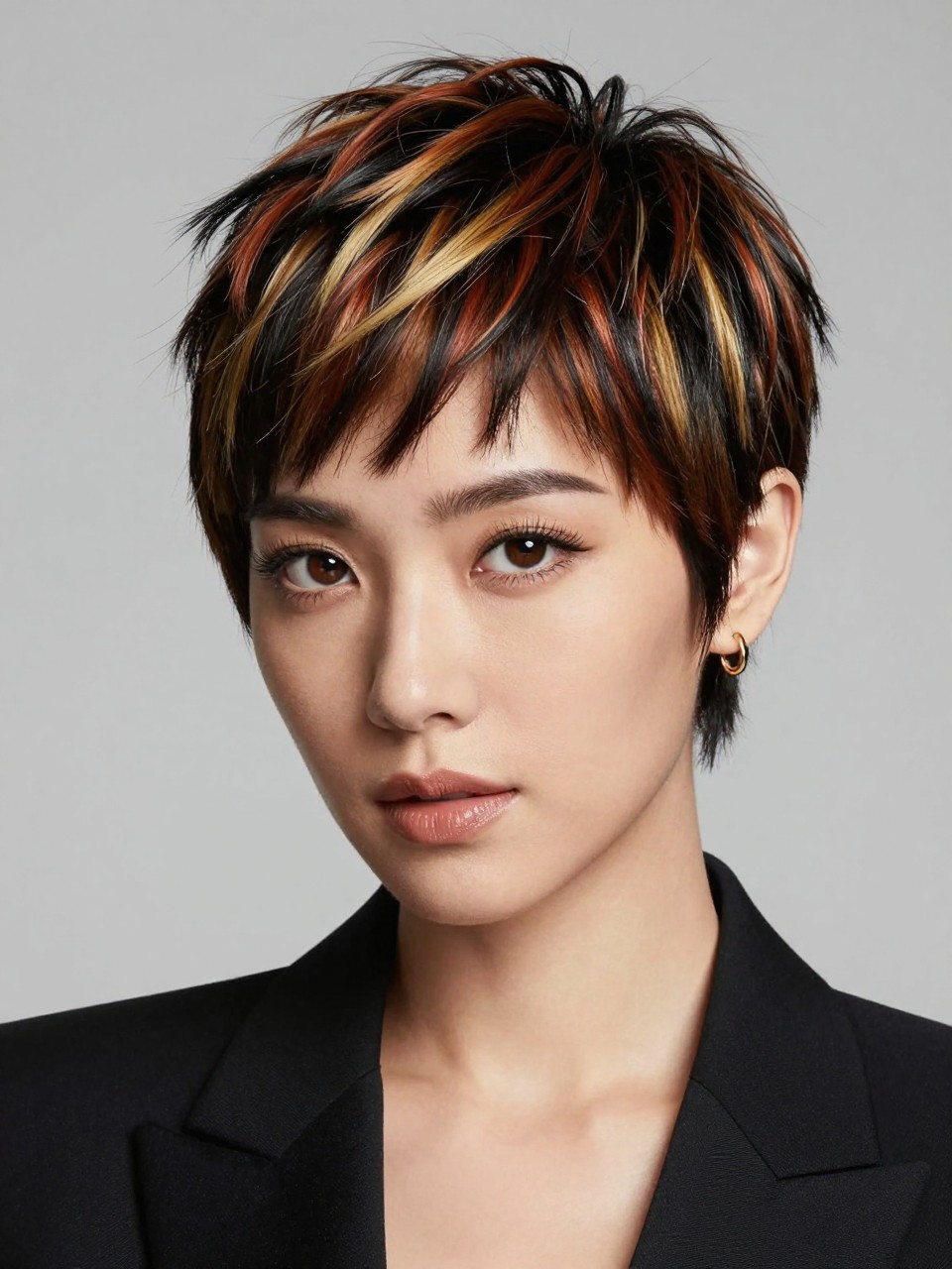 Image Prompt: A chic woman with a short calico cat pixie cut, neatly shaped sides, longer swooped top with patches of glossy black, copper, ginger, and creamy blonde, smooth styled texture, deep brown skin, defined lashes, glossy nude lip, small gold earrings, tailored black blazer, clean studio background, sharp beauty editorial photography, realistic DSLR image, detailed short hair color placement, no text, (no watermarks on images)
