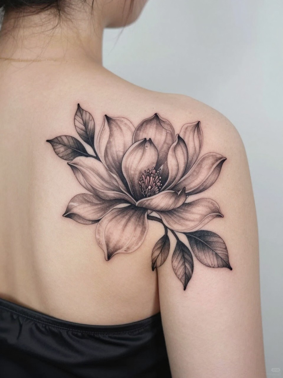 Image Prompt: "Design-focused close-up of a magnolia flower tattoo across the shoulder area of the back, black and grey floral design with broad petals, soft shading, fine line leaf detail, realistic skin texture, satin strap softly visible, feminine modern tattoo inspiration photo, clean minimal background, tattoo is the clear hero (no watermarks on images)"