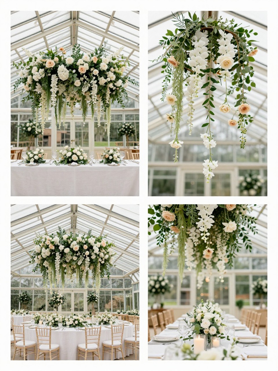 A professional 4-grid wedding decor collage showing a glass greenhouse wedding with hanging floral ceiling decor, top-left image featuring a long reception table under a lush hanging installation of white flowers, blush blooms, greenery, and trailing vines inside a glass greenhouse, top-right image showing close-up suspended flowers and greenery against the glass roof, bottom-left image showing a wider greenhouse reception view with hanging florals above, bottom-right image showing candlelit table styling beneath the floral ceiling, soft natural light, romantic editorial wedding photography, no people, no faces, no watermarks on images.