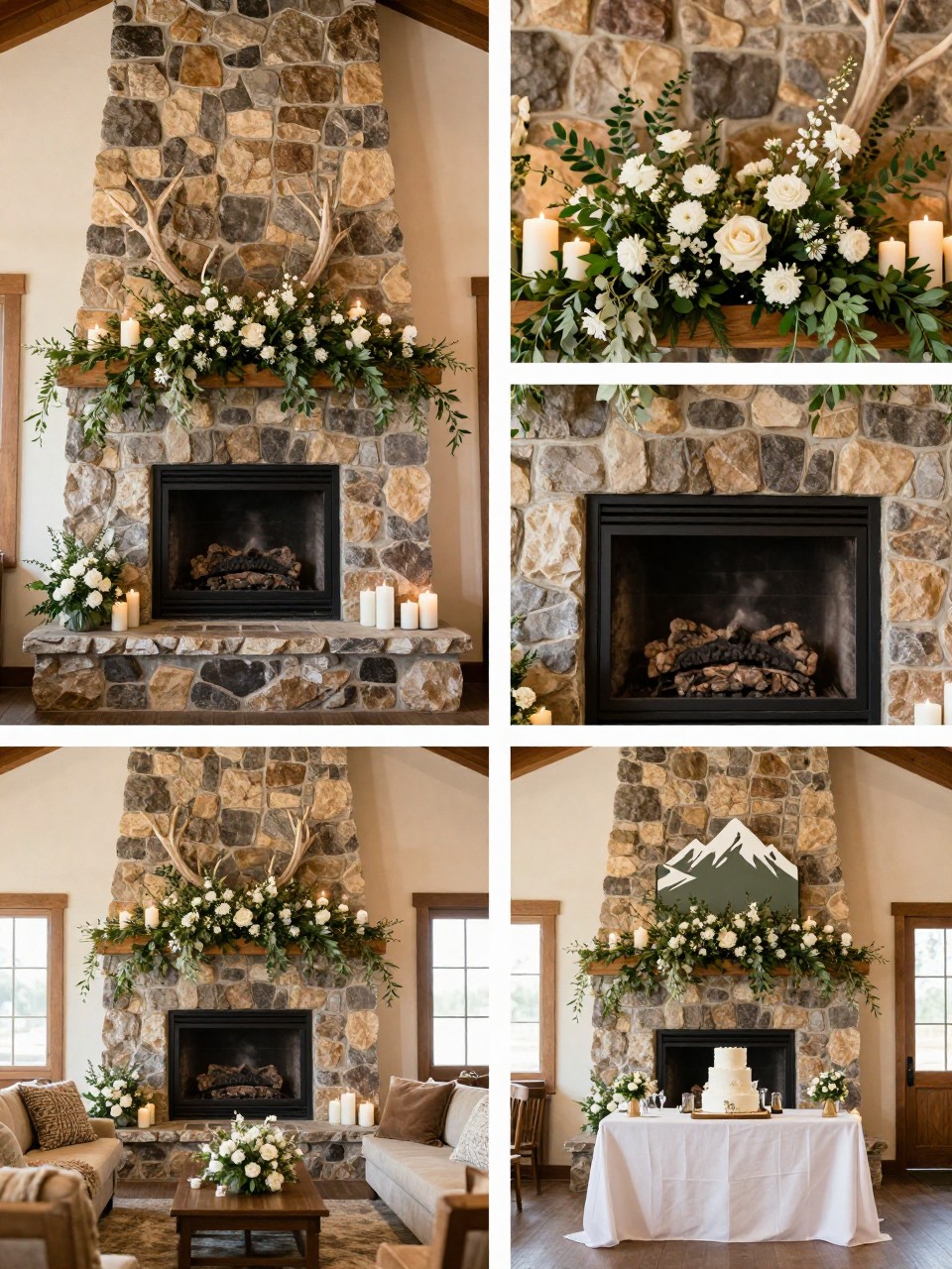 A professional 4-grid wedding decor collage showing Rocky Mountain wedding decor around a stone fireplace, top-left image featuring a large stone fireplace decorated with greenery, white flowers, candles, and antler accents, top-right image showing close-up mantel flowers and candle clusters, bottom-left image showing lounge seating near the fireplace with cozy throws and flowers, bottom-right image showing a cake table placed near the fireplace with simple mountain styling, lodge wedding interior, warm editorial photography, no faces, no watermarks on images.