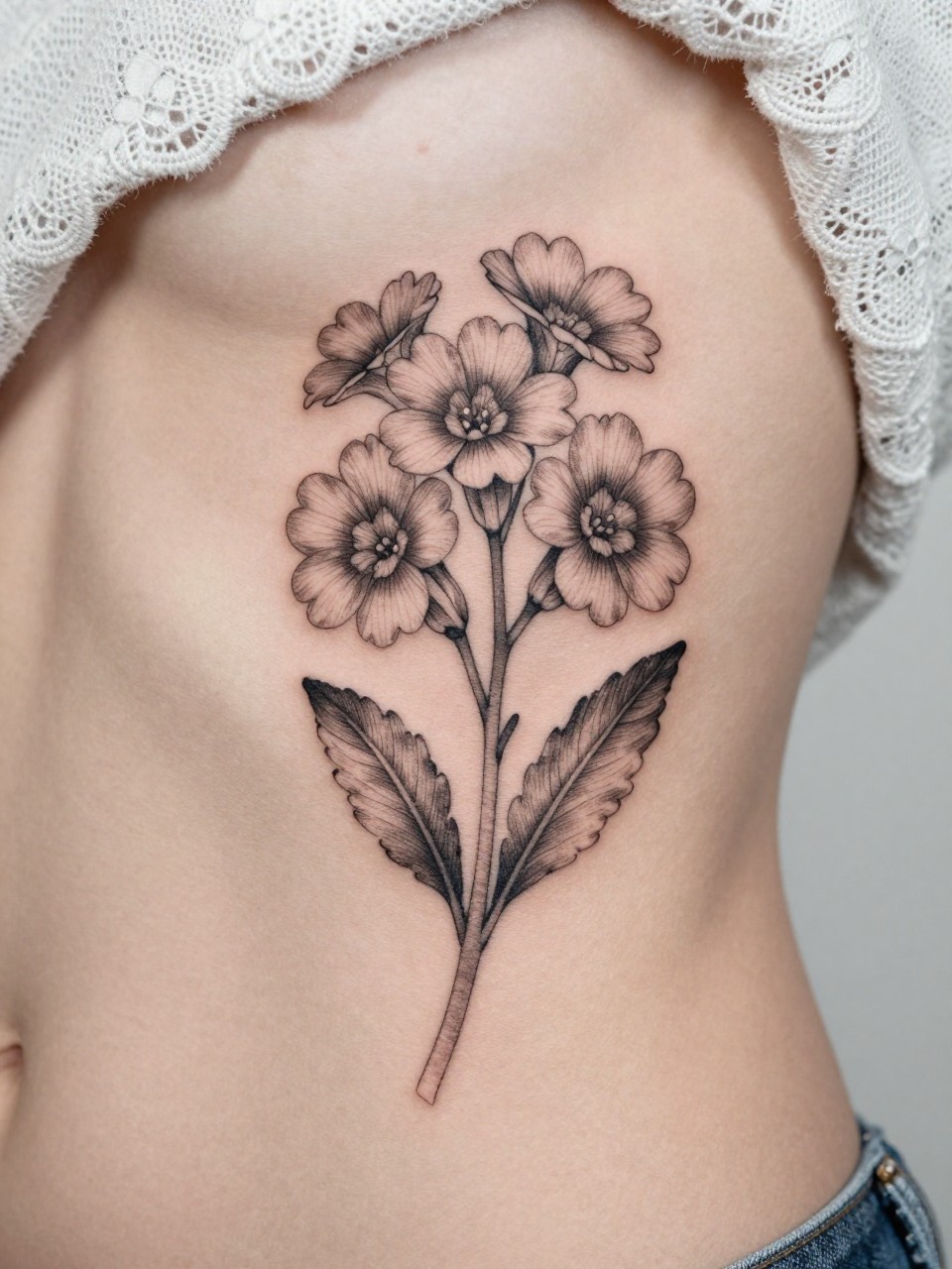 Image Prompt: "Design-focused close-up of a single primrose stem tattoo on the ribcage, black ink fine line floral design with delicate petals and light grey shading, realistic skin texture, lace fabric edge softly visible, feminine modern tattoo photo, minimal background, close-up tattoo visibility, tattoo dominates the frame (no watermarks on images)"