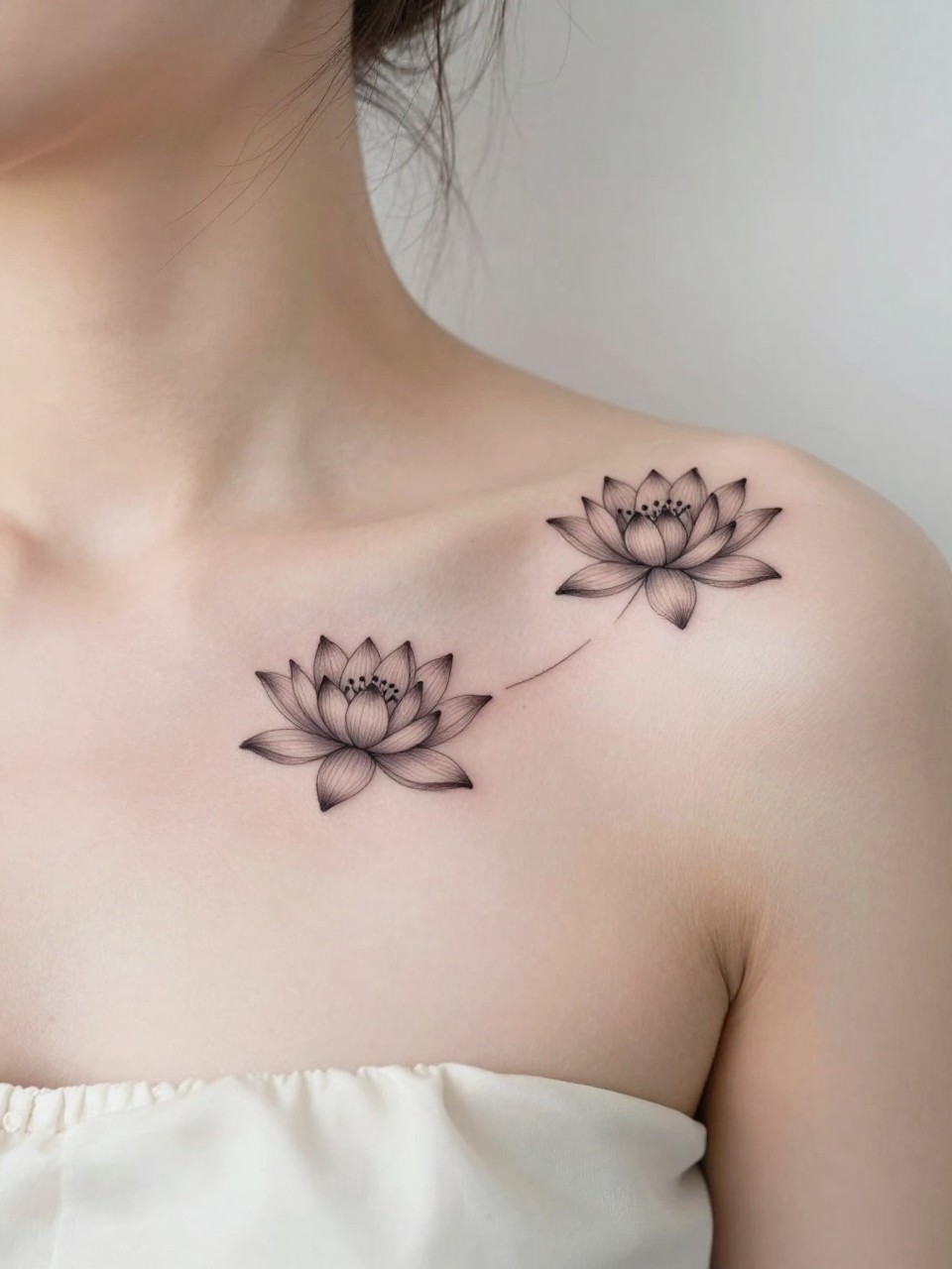 Image Prompt: "Close-up of two small water lily tattoos along the collarbone, black ink fine line floral design with soft shading, delicate layered petals, realistic skin texture, silk blouse neckline barely visible, feminine clean composition, close-up tattoo visibility, soft minimal background, tattoo is the clear main subject (no watermarks on images)"