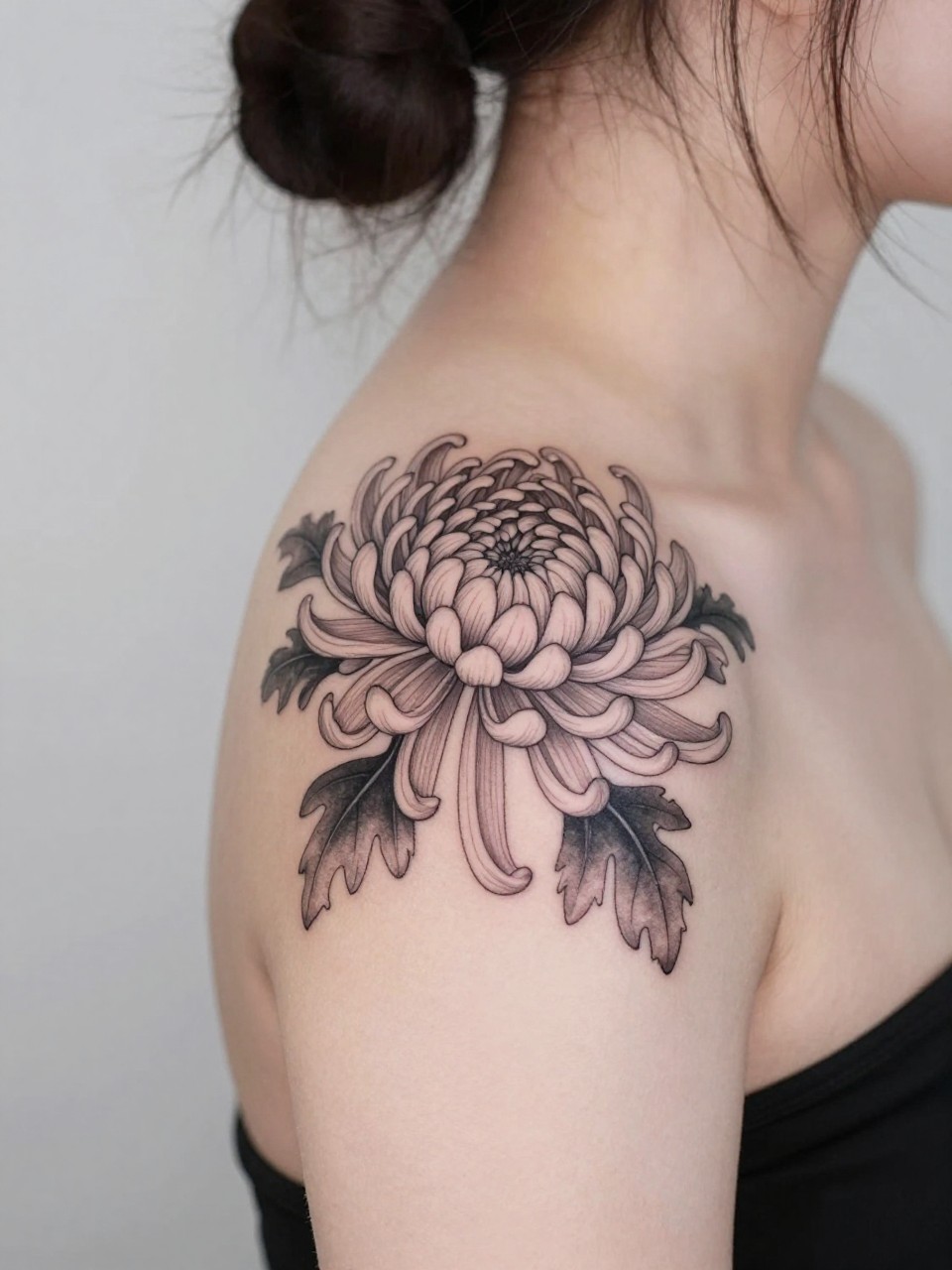 Image Prompt: "Design-focused close-up of a blooming chrysanthemum tattoo on the shoulder blade, black ink fine line floral style with soft grey shading, full layered petals, realistic skin texture, hair loosely pinned up, clean feminine styling, soft minimal background, tattoo fills most of the frame (no watermarks on images)"