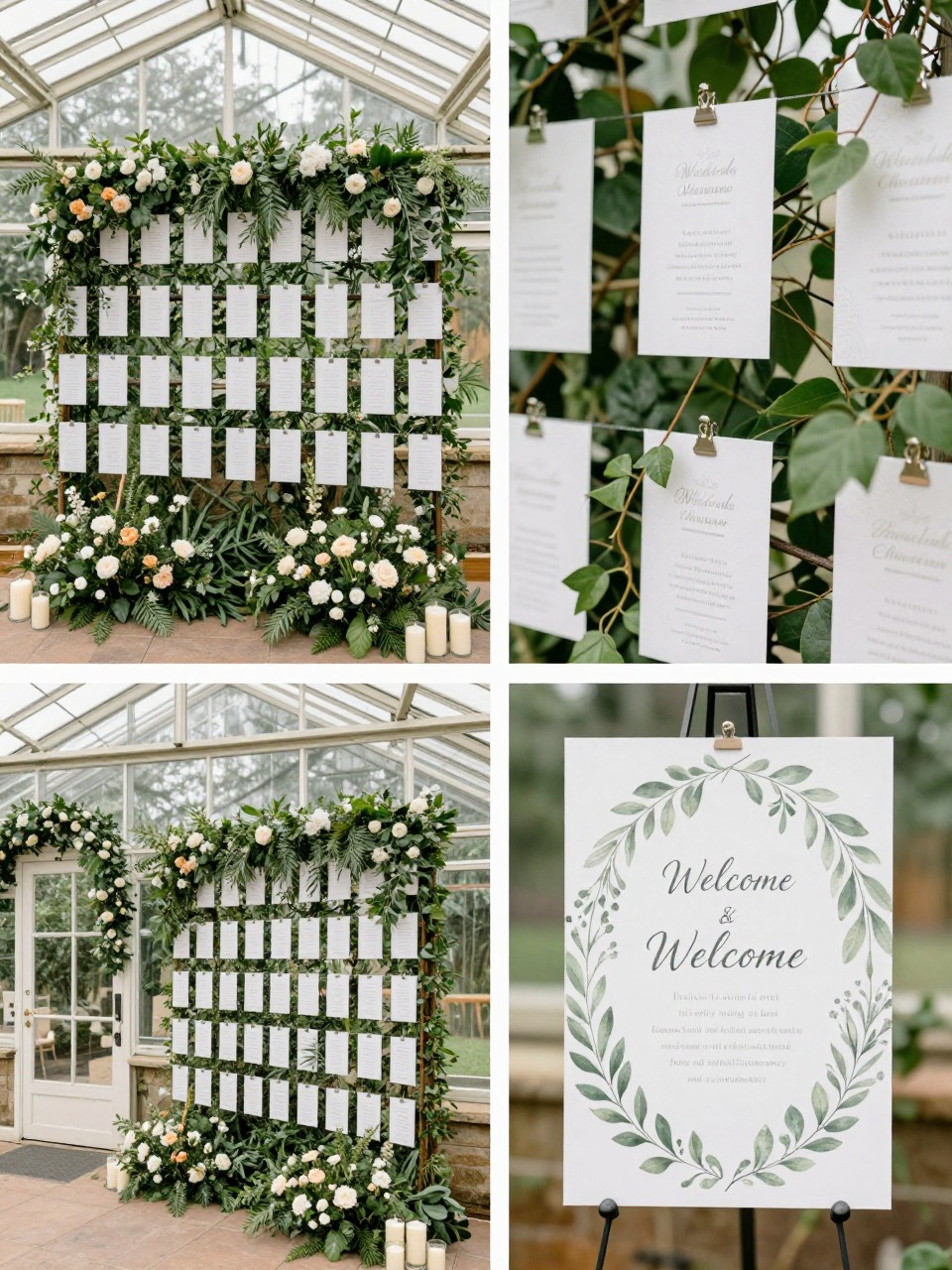 A professional 4-grid wedding decor collage showing a botanical escort card wall for a glass greenhouse wedding, top-left image featuring a seating display wall layered with greenery, escort cards, and soft flowers inside a greenhouse, top-right image showing close-up escort cards clipped among vines and leaves, bottom-left image showing the full display styled near the entrance with candles, bottom-right image showing matching welcome signage with botanical details, elegant greenhouse wedding decor, soft natural light, no people, no faces, no watermarks on images.