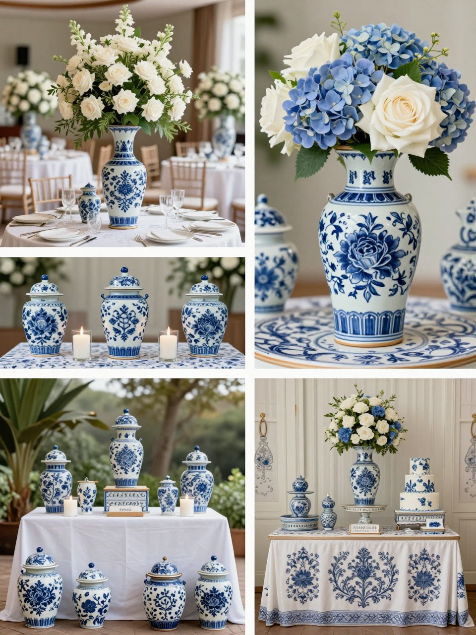 A professional 4-grid wedding decor collage showing blue and white chinoiserie wedding decor, top-left image featuring reception tables with blue and white chinoiserie vases filled with white flowers, top-right image showing close-up patterned ceramic vase with hydrangeas and roses, bottom-left image showing a welcome table styled with chinoiserie jars and candles, bottom-right image showing a cake table with blue and white patterned accents, classic elegant wedding styling, no faces, no watermarks on images.