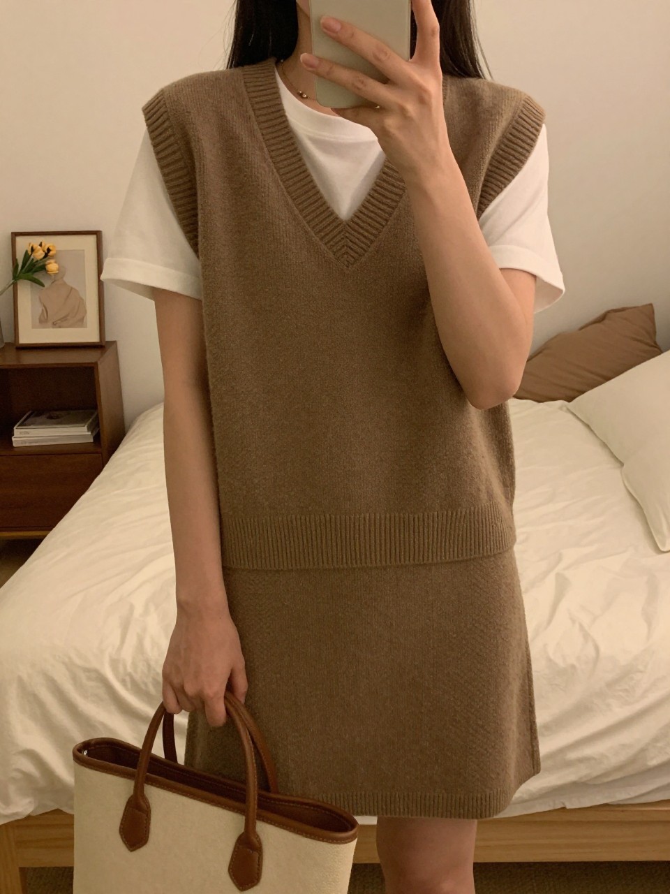 iPhone mirror selfie of a woman in a sweater vest over a t-shirt dress, holding a tote bag, cropped at NECK so face doesn't show, in a feminine-themed bedroom, warm moody lighting, iPhone photo quality.