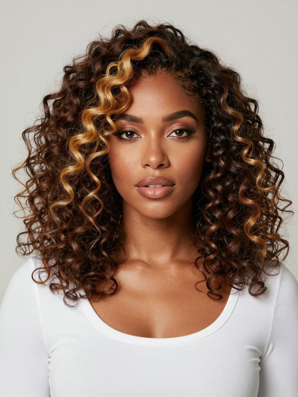 Image Prompt: A stylish Black woman with dark curly hair and blonde money piece highlights framing her face, rich dark brown base, warm honey-blonde front sections, defined curls with shine, warm deep skin tone, glossy nude lips, bronzed makeup, fitted white top, clean neutral studio background, close-up beauty portrait, realistic DSLR photo, sharp curl detail, no text, (no watermarks on images)