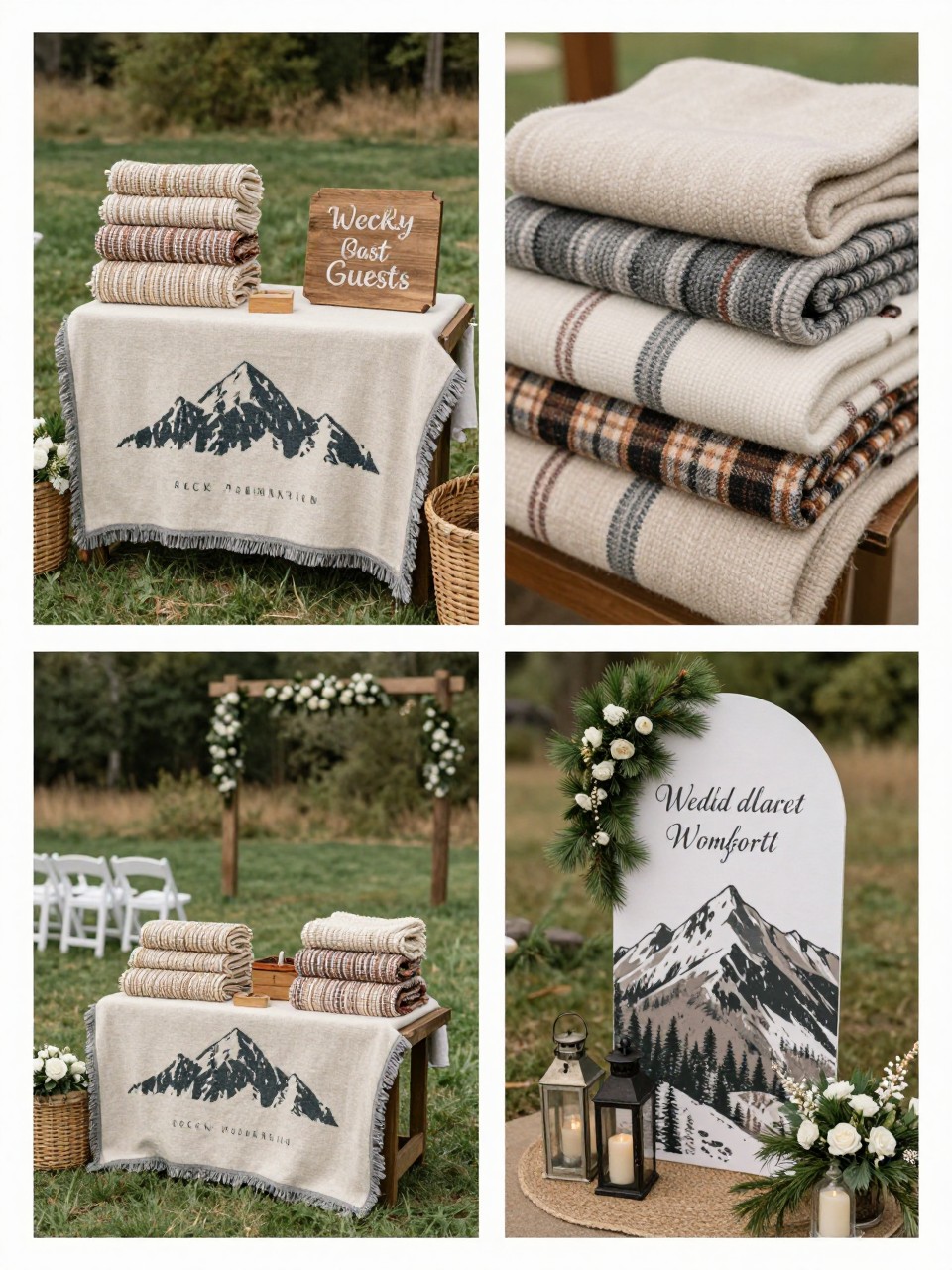 A professional 4-grid wedding decor collage showing a Rocky Mountain wedding blanket guest display, top-left image featuring a rustic blanket station with woven throws stacked in baskets beside a wooden sign, top-right image showing close-up cozy wool blankets in neutral and plaid patterns, bottom-left image showing the blanket display near an outdoor ceremony seating area, bottom-right image showing lanterns, pine branches, and flowers around the blanket station, mountain wedding guest comfort decor, no faces, no watermarks on images.