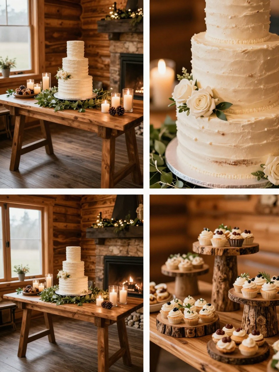 A professional 4-grid wedding decor collage showing a cabin wedding cake table, top-left image featuring a simple wedding cake on a wooden table with greenery, candles, pinecones, and white flowers, top-right image showing close-up cake details with soft floral accents, bottom-left image showing the cake table near a fireplace or cabin window, bottom-right image showing a dessert display with rustic wood stands and warm lighting, cozy cabin wedding dessert decor, no people, no faces, no watermarks on images.