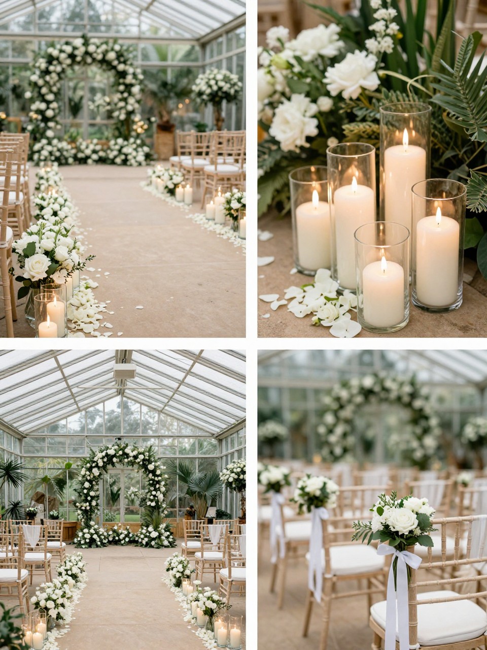 A professional 4-grid wedding decor collage showing a candlelit aisle inside a glass greenhouse wedding, top-left image featuring a ceremony aisle lined with glass candle holders, low white flowers, and soft petals, top-right image showing close-up candle groupings beside greenery, bottom-left image showing the full aisle leading through the greenhouse, bottom-right image showing ceremony chair ends decorated with small floral bunches and ribbons, romantic indoor garden wedding decor, no people, no faces, no watermarks on images.