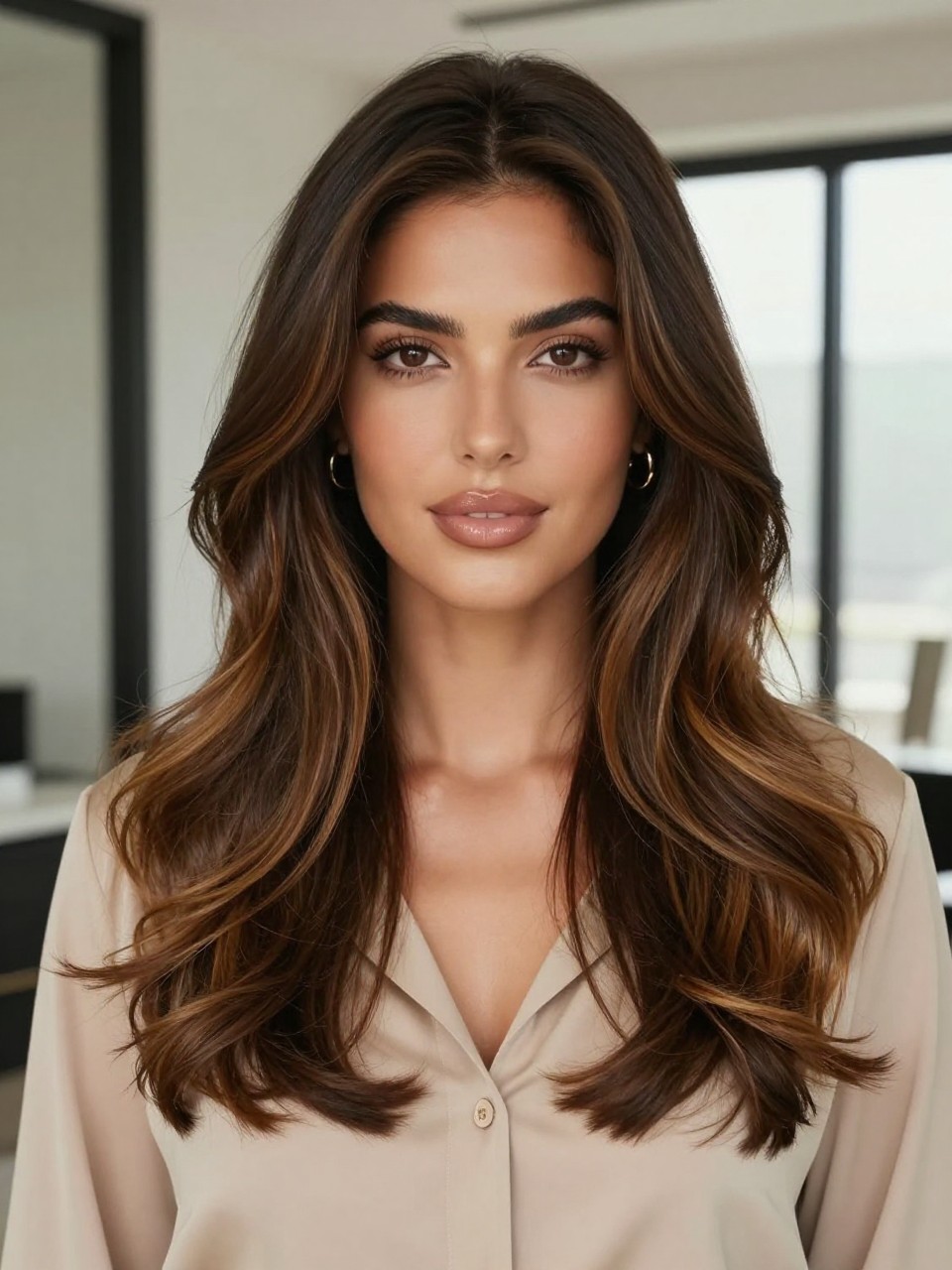 Image Prompt: A stylish woman with neutral skin tone and long dark brown hair with soft caramel balayage, deep brunette roots with hand-painted caramel pieces through the mid-lengths and ends, loose waves, natural glam makeup, glossy lips, gold earrings, beige blouse, modern indoor background, soft window light, realistic beauty editorial portrait, smooth blended color placement, no text, (no watermarks on images)