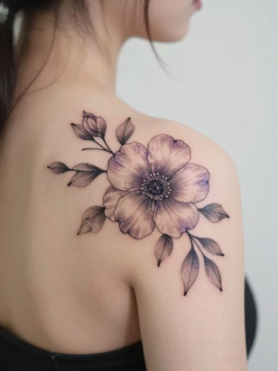 Image Prompt: "Design-focused close-up of a blooming violet tattoo on the shoulder blade, black ink fine line floral style with soft grey shading, full rounded petals, realistic skin texture, hair loosely pinned up, clean feminine styling, soft minimal background, tattoo fills most of the frame (no watermarks on images)"