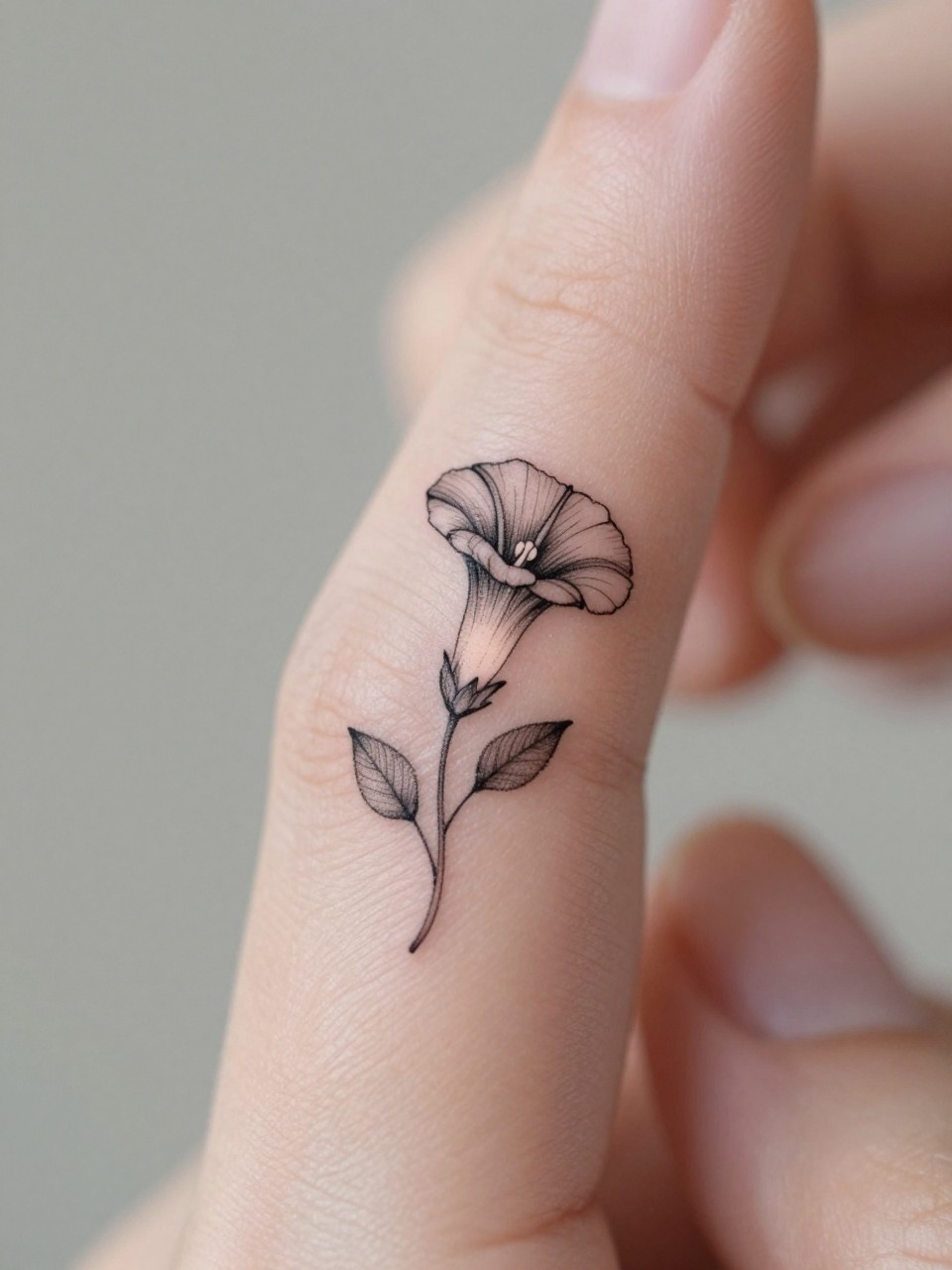 Image Prompt: "Macro shot of a micro morning glory tattoo on the side of the finger, black ink fine line floral design, tiny vine stem and delicate trumpet-shaped bloom, minimalist micro tattoo style, realistic skin texture, delicate rings, neutral manicure, very tight crop, soft blurred background, feminine tattoo inspiration photo with tattoo as the main focus (no watermarks on images)"