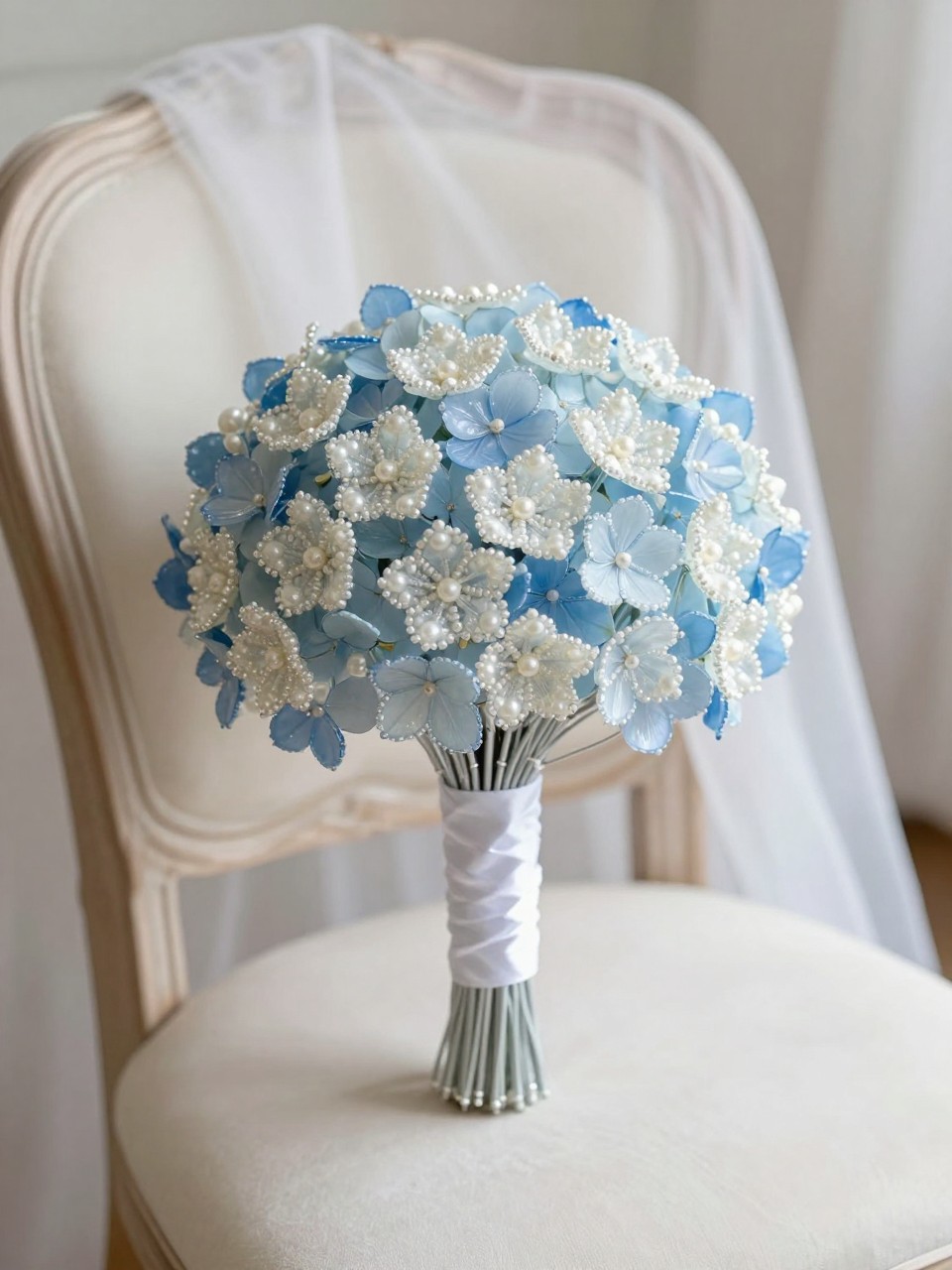 A blue and white beaded flower bouquet with handmade beaded hydrangea-style blooms, white pearl bead flowers, pale blue glass bead petals, silver wire stems, and a crisp white ribbon-wrapped handle, placed on a pale wooden bridal chair with soft fabric draping, fine-art wedding editorial photography, no faces, no people, realistic DSLR image, soft daylight, no watermarks on images.
