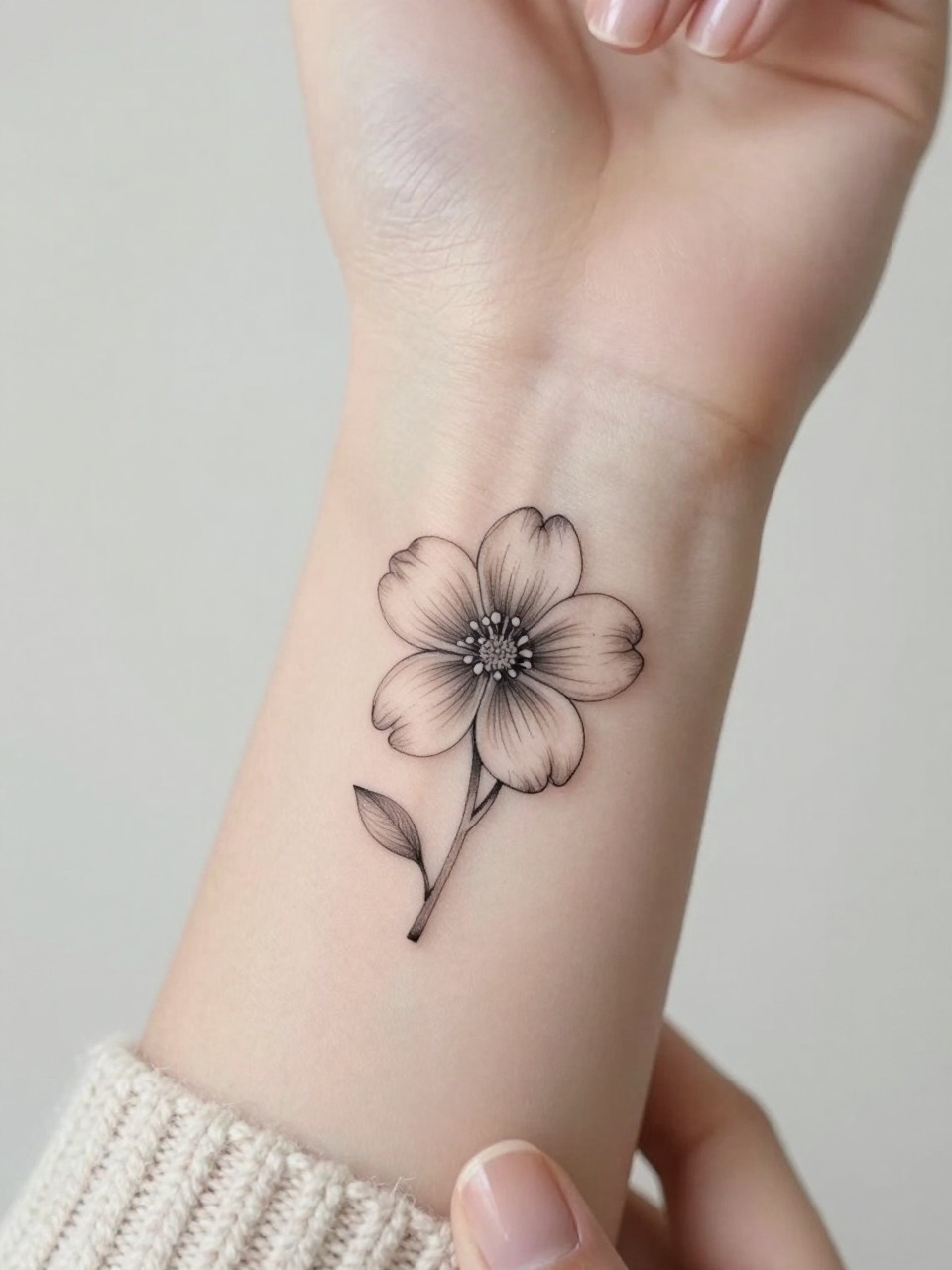 Image Prompt: "Extreme close-up of a fine line dogwood flower tattoo on the inner wrist, delicate black ink floral design with soft rounded petals and a tiny defined center, subtle grey shading, minimalist feminine style, realistic skin texture, neutral manicure, soft knit sweater sleeve slightly visible, design-focused close-up, clean soft background, modern tattoo inspiration photo, tattoo is the clear main subject (no watermarks on images)"