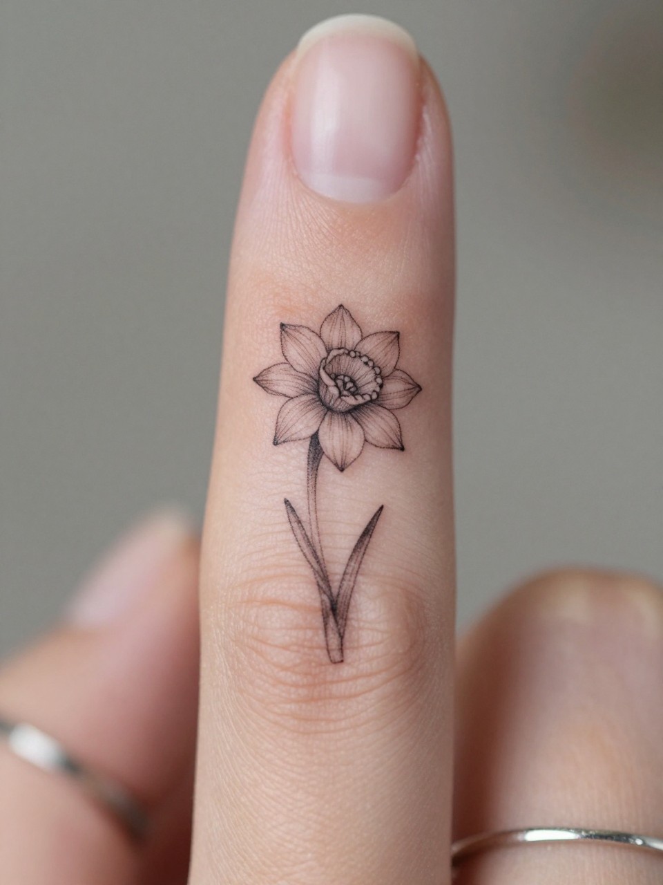 Image Prompt: "Macro shot of a micro narcissus tattoo on the side of the finger, black ink fine line floral design, tiny stem and delicate petals, minimalist micro tattoo style, realistic skin texture, delicate rings, neutral manicure, very tight crop, soft blurred background, feminine tattoo inspiration photo with tattoo as the main focus (no watermarks on images)"