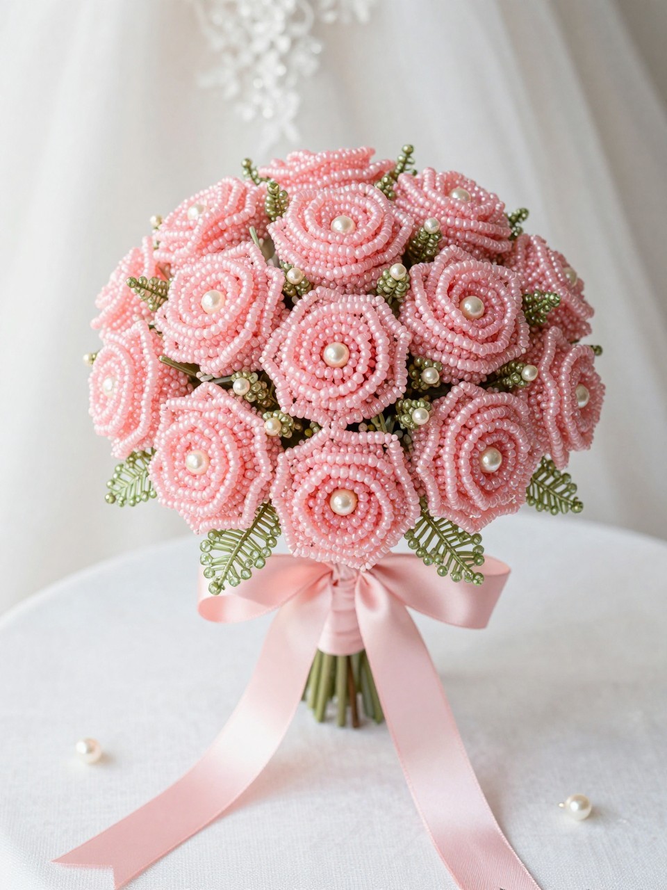 A romantic blush pink beaded flower bouquet made from handmade beaded roses, soft pink seed beads, pearl centers, pale champagne bead accents, and delicate green wire leaves, tied with a blush silk ribbon, photographed on white linen with bridal details nearby, soft wedding editorial photography, no people, no faces, realistic DSLR quality, highly detailed handmade beadwork, no watermarks on images.