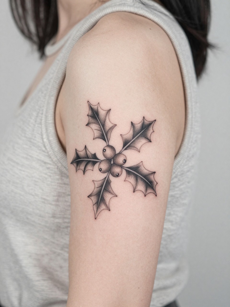 Image Prompt: "Close-up of a holly tattoo with soft dotwork accents on the upper arm, black ink fine line leaves and berry details, subtle shading, delicate dotwork design, realistic skin texture, sleeveless neutral top softly visible, feminine lifestyle-inspired tattoo image, minimal clean background, tattoo is the main focus (no watermarks on images)"
