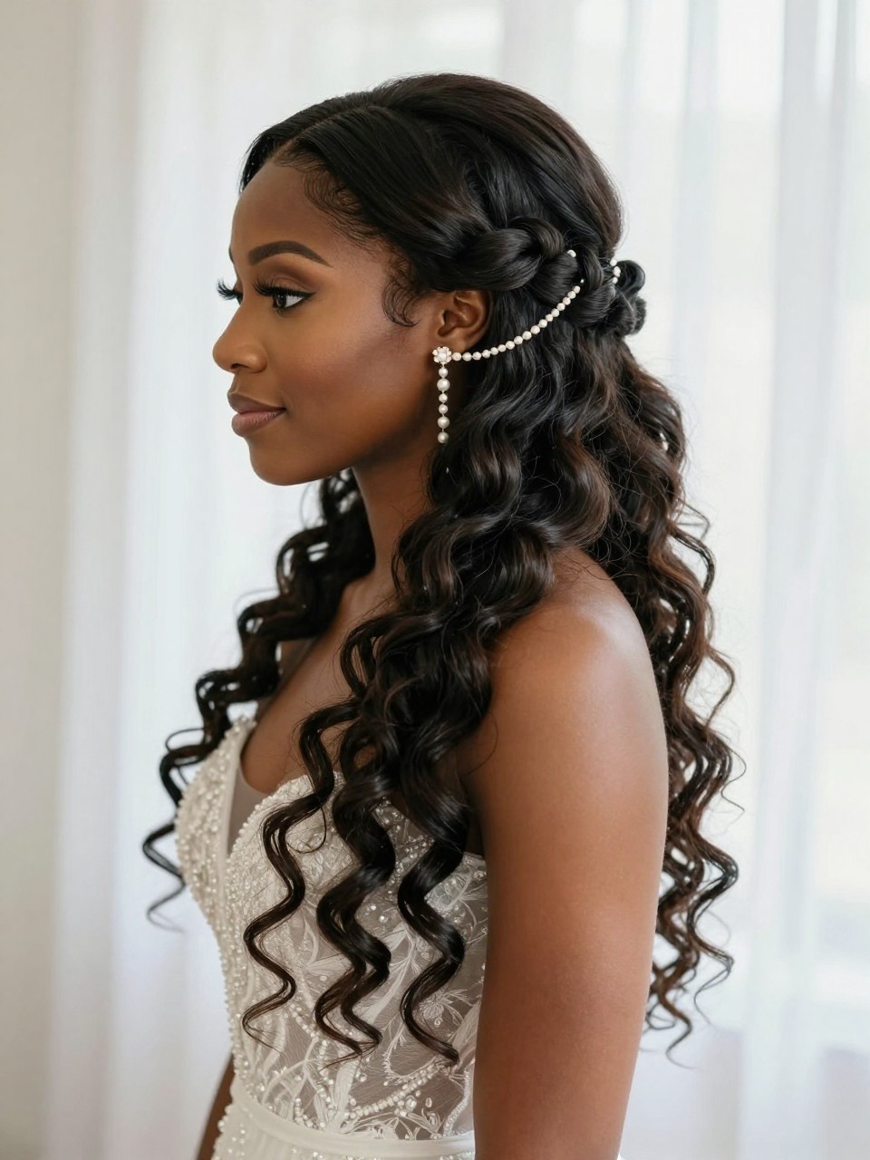 A realistic bridal-inspired hairstyle portrait of a black woman showing long curled hair styled half-up with soft pinned sections at the crown, loose defined curls falling down the back, a delicate pearl earring chain draped from the earlobe into the pinned hair section, romantic makeup, feminine dress, airy soft background, natural light, elegant editorial beauty photography, no text, no watermark, no watermarks on images.