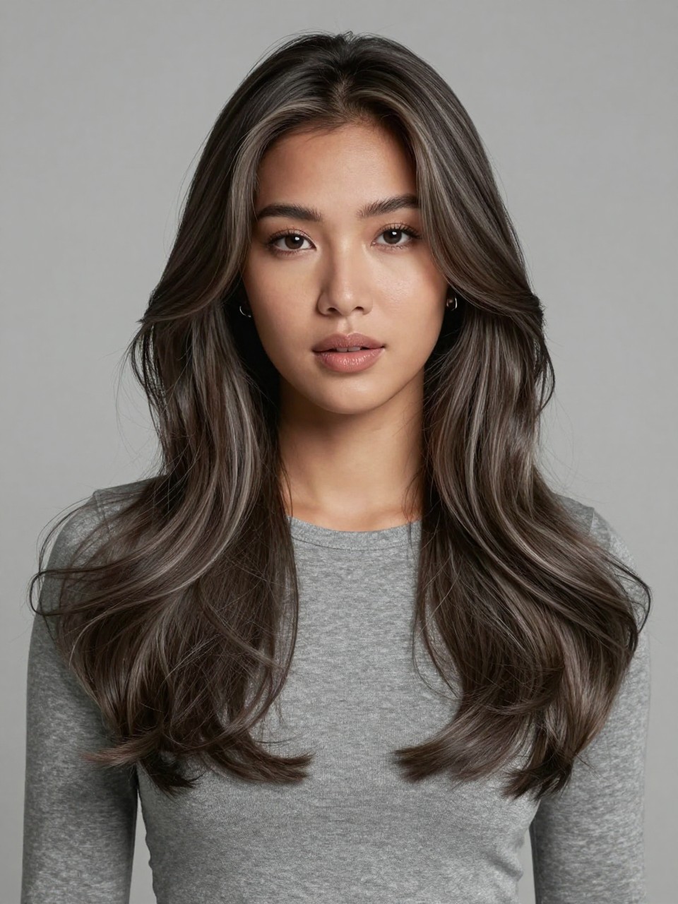 Image Prompt: A stylish Asian woman with tan skin and long dark hair with ash brown balayage, deep natural roots with cool ash brown pieces through the mid-lengths and ends, smooth loose waves, soft neutral makeup, glossy nude lips, small silver earrings, fitted gray top, clean modern studio background, cool soft lighting, realistic DSLR beauty editorial portrait, smooth ash brown blend, no text, (no watermarks on images)